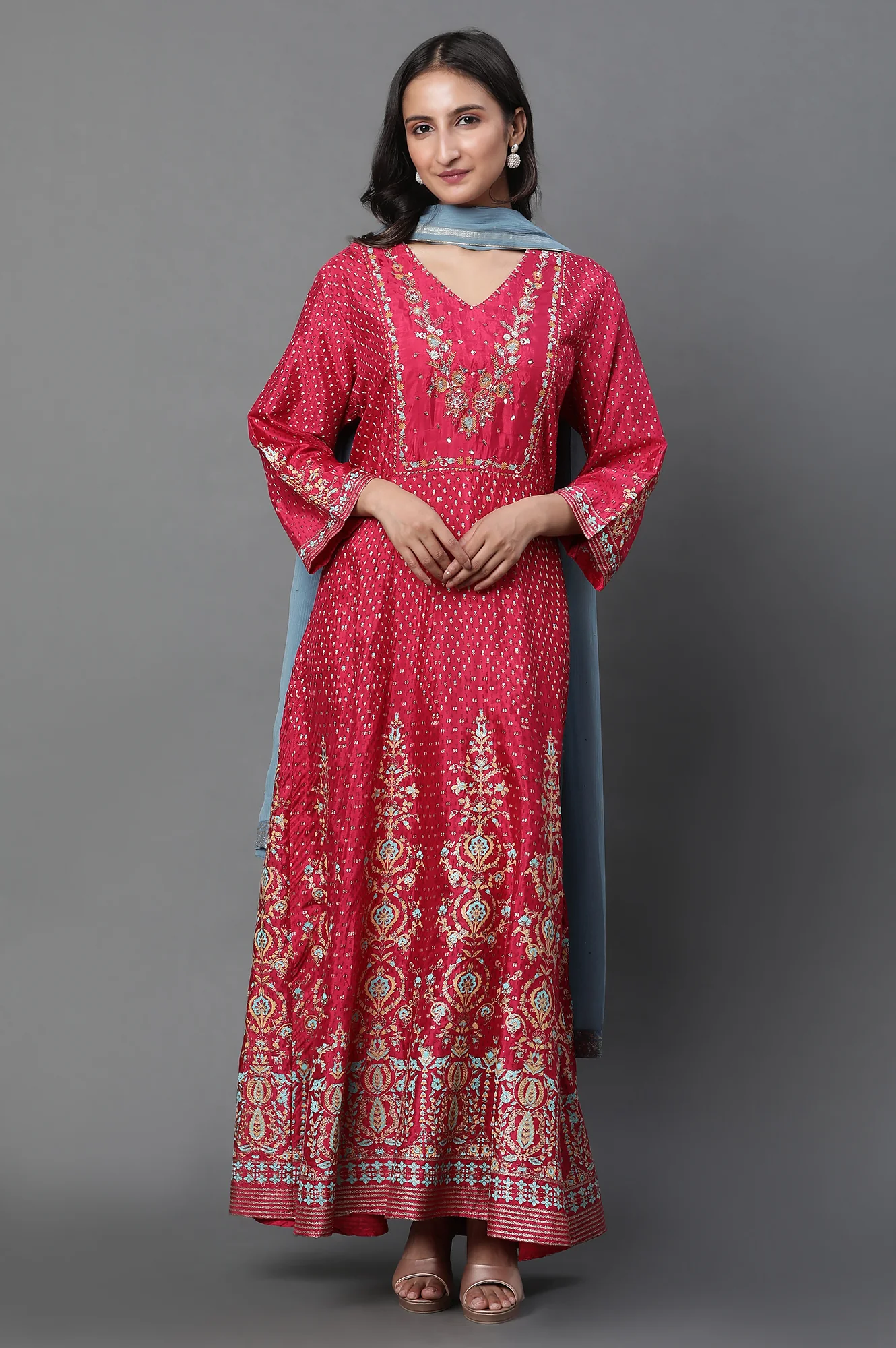 Pink Glitter Printed Kalidar Dress And Dupatta Set - Image 2