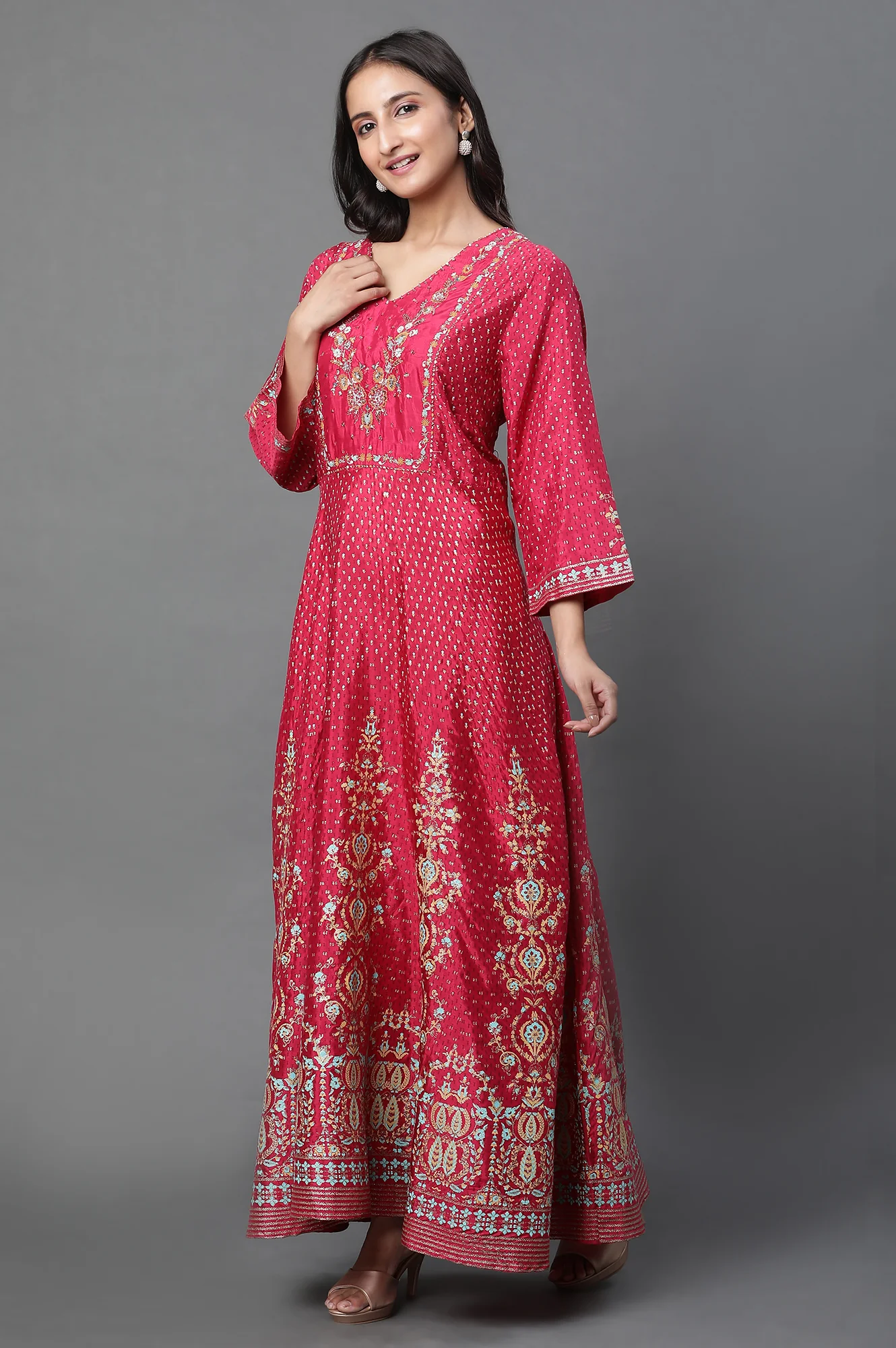 Pink Glitter Printed Kalidar Dress And Dupatta Set - Image 3