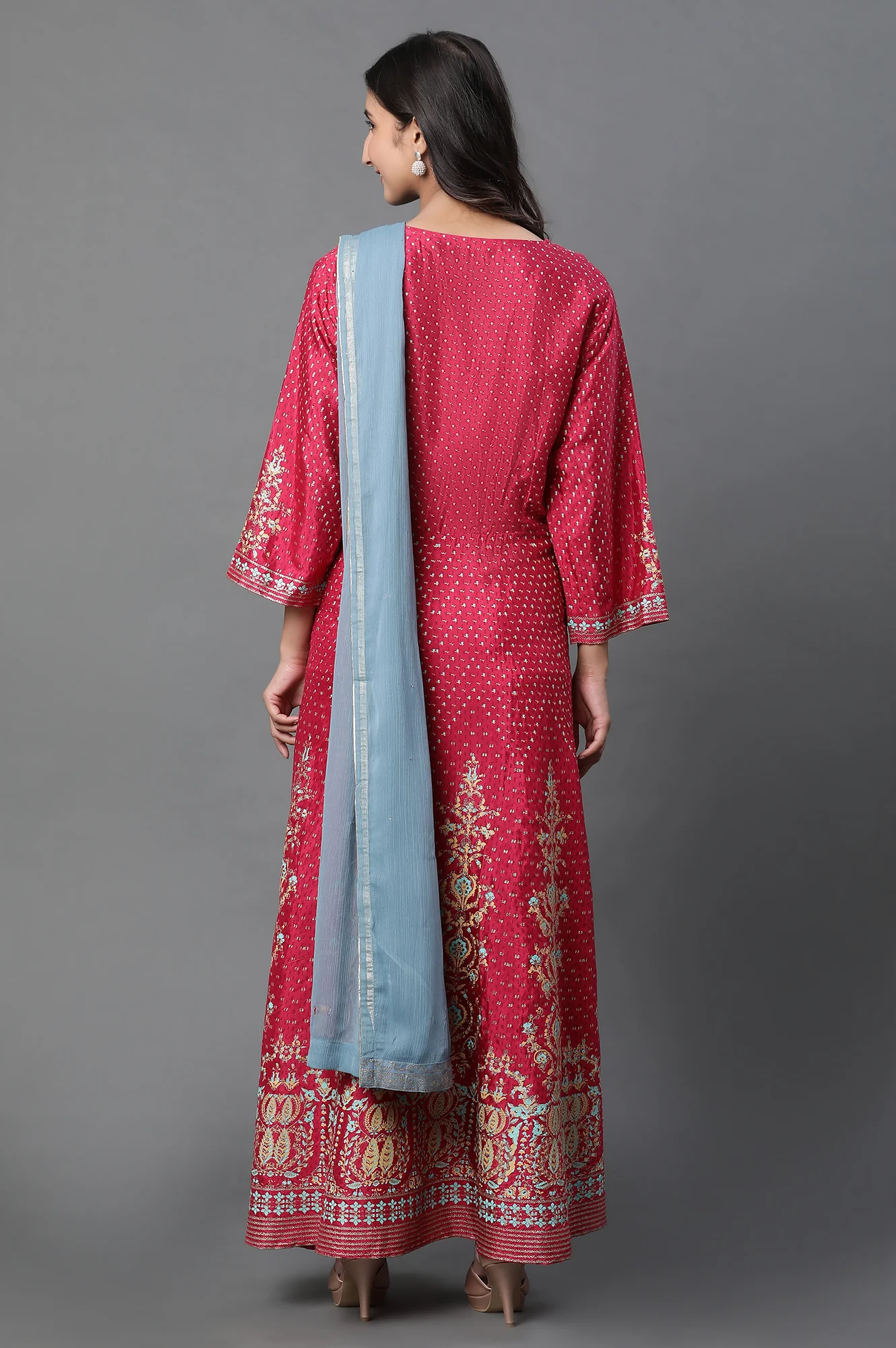 Pink Glitter Printed Kalidar Dress And Dupatta Set - Image 4
