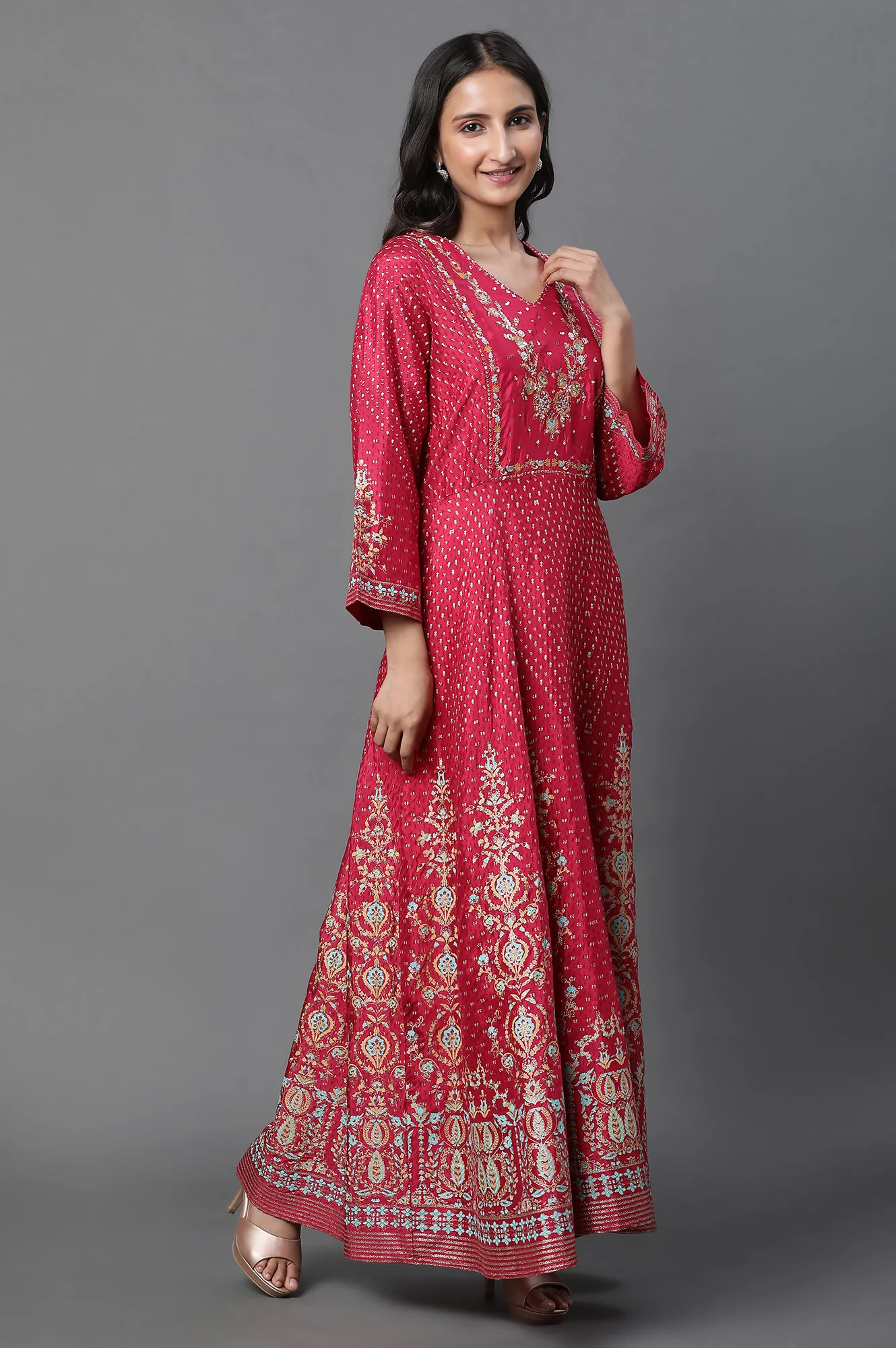 Pink Glitter Printed Kalidar Dress And Dupatta Set - Image 5