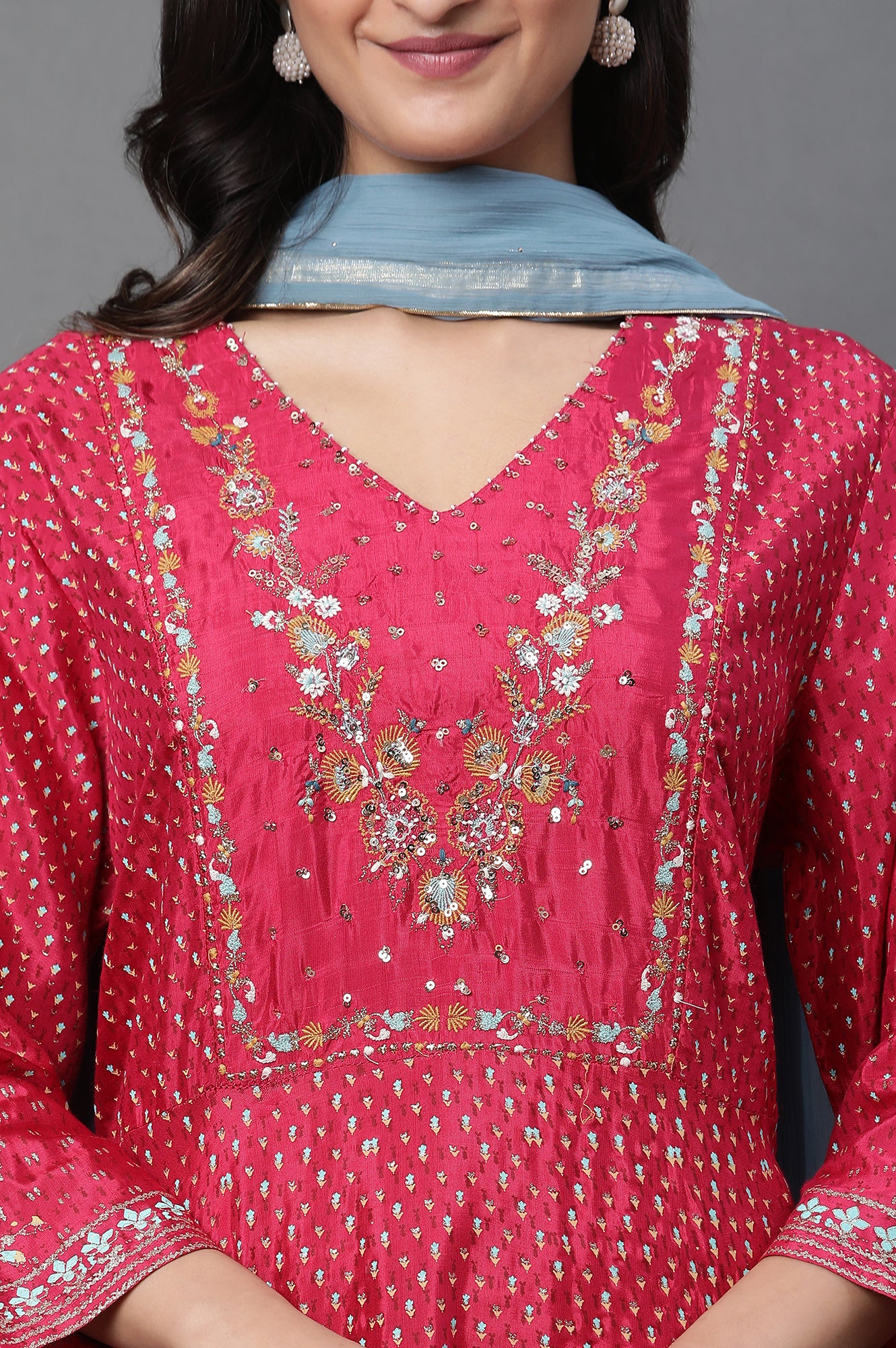 Pink Glitter Printed Kalidar Dress And Dupatta Set - Image 6