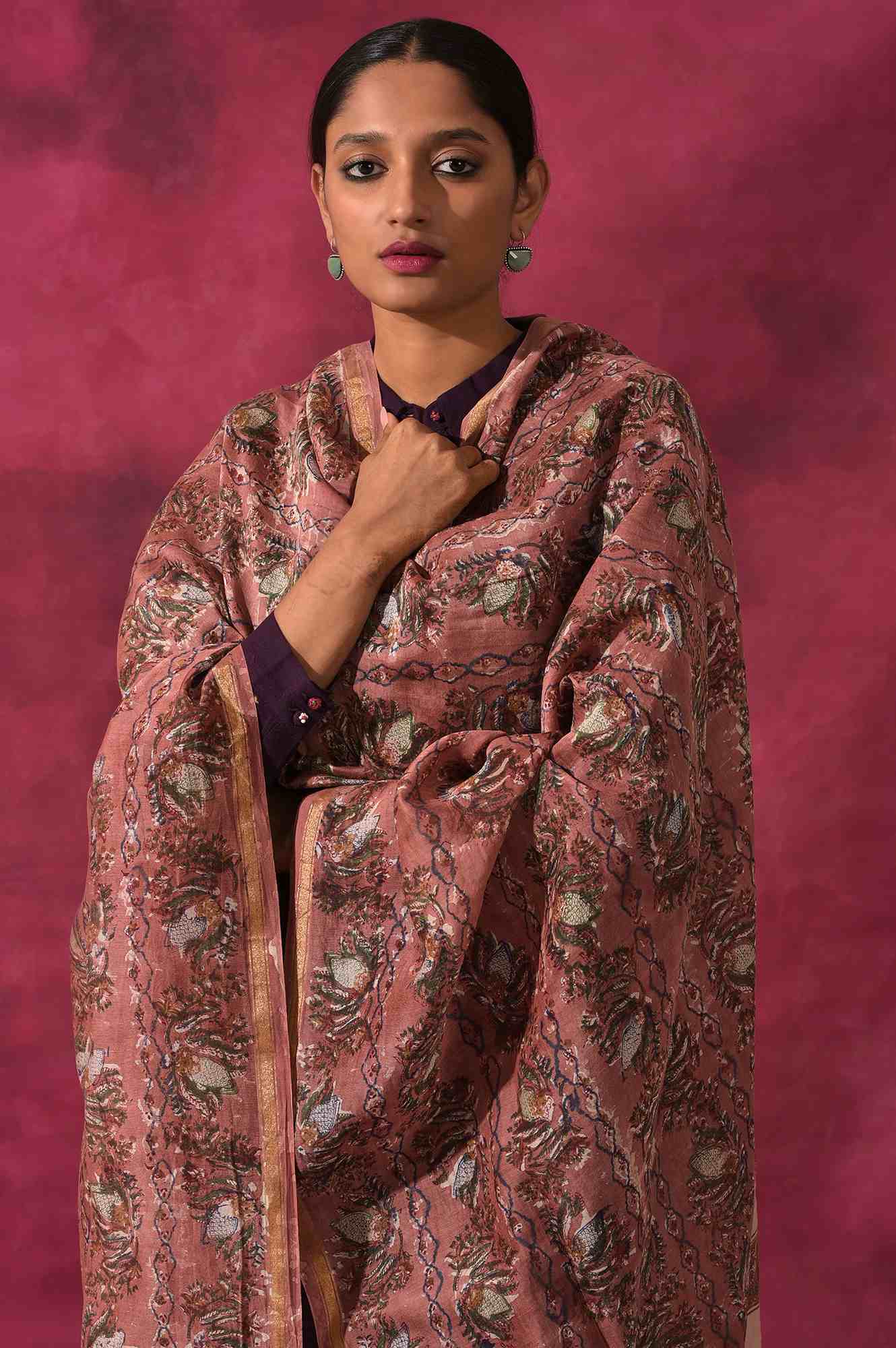 Pink Hand Block Printed Cotton Silk Drape - Image 3