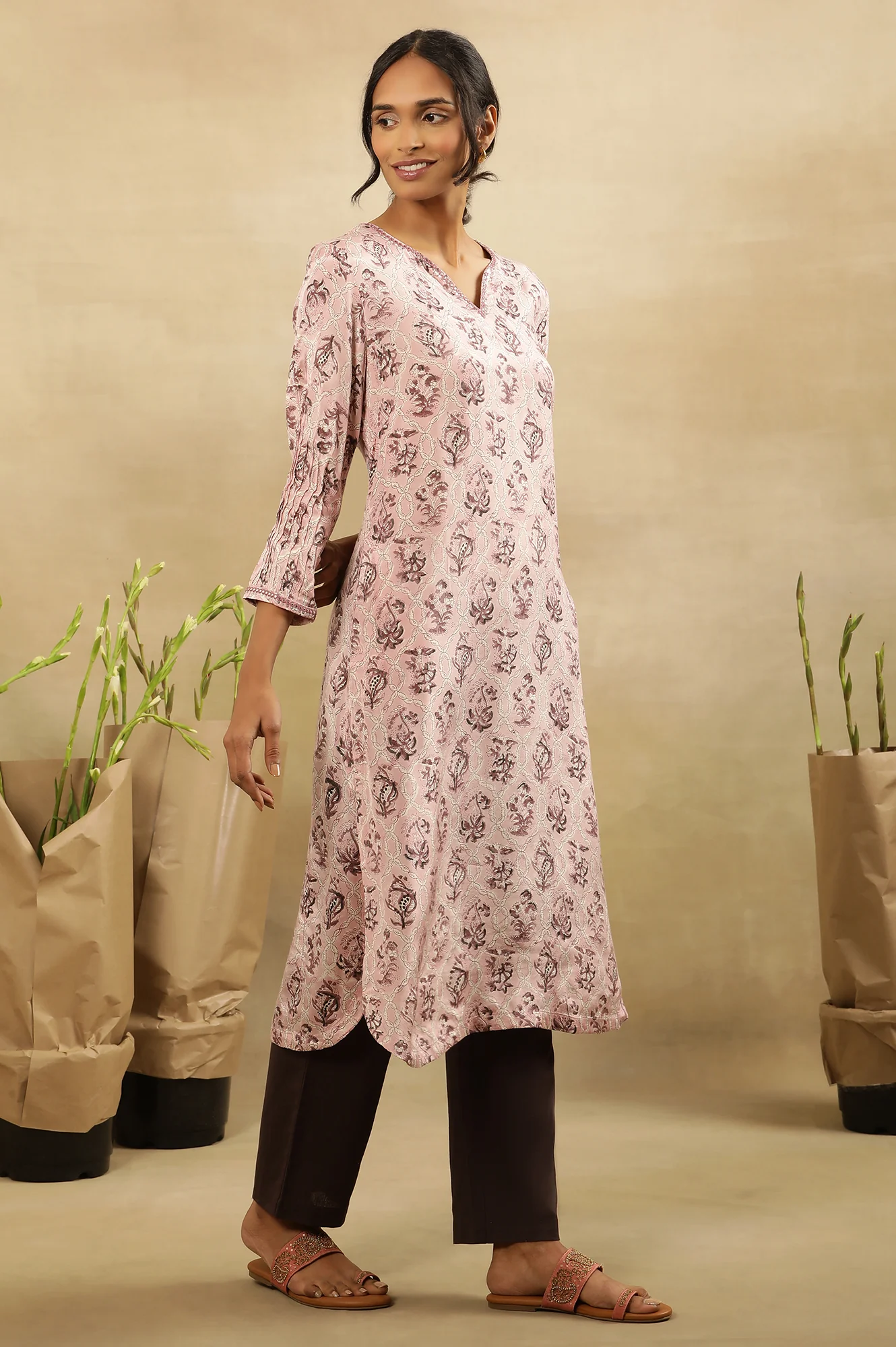 Pink Jaal Block Print Kurta With Pleated Sleeves - Image 5