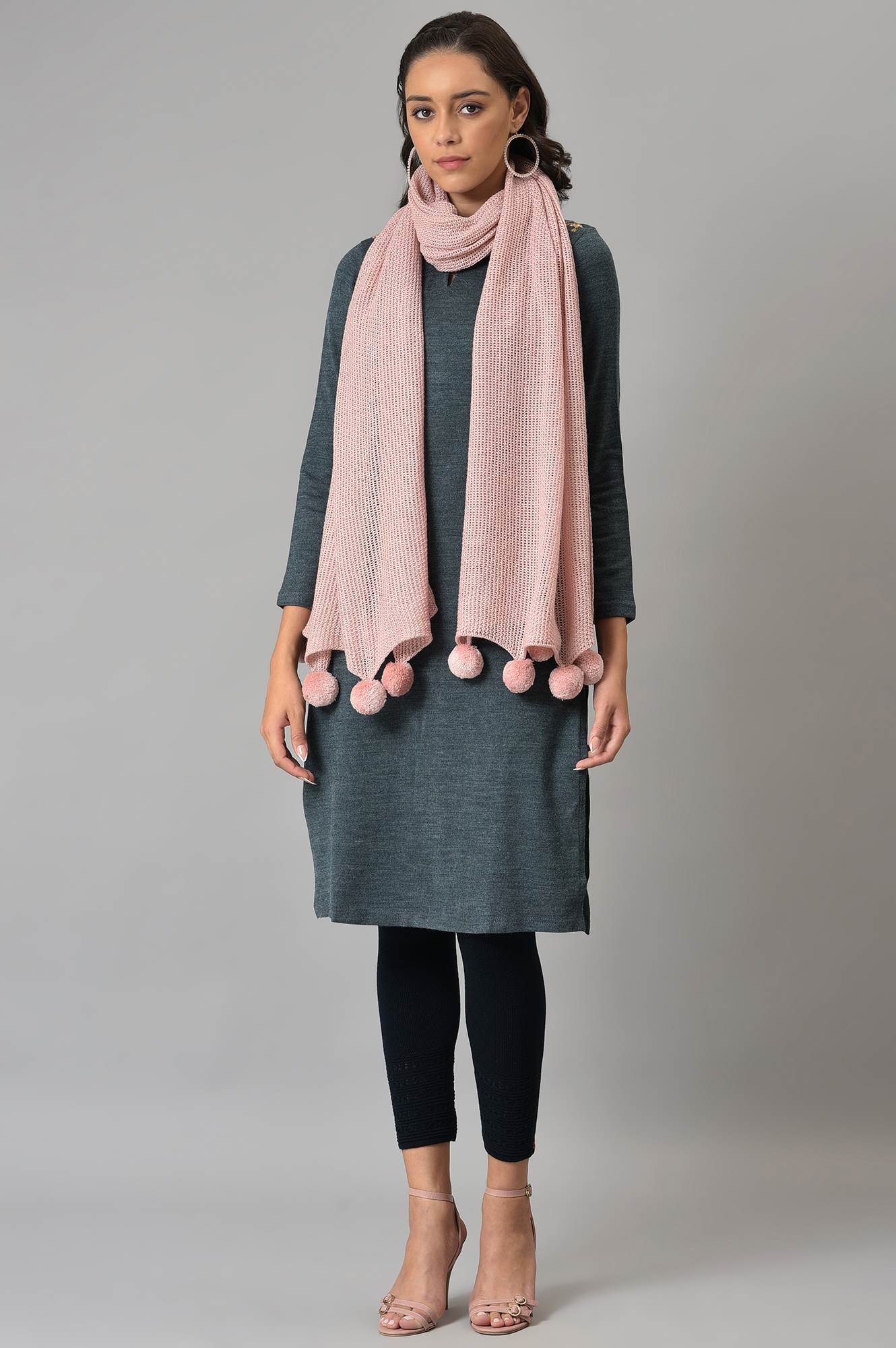 Pink Knitted Pom Pom Shawl - Image 3
