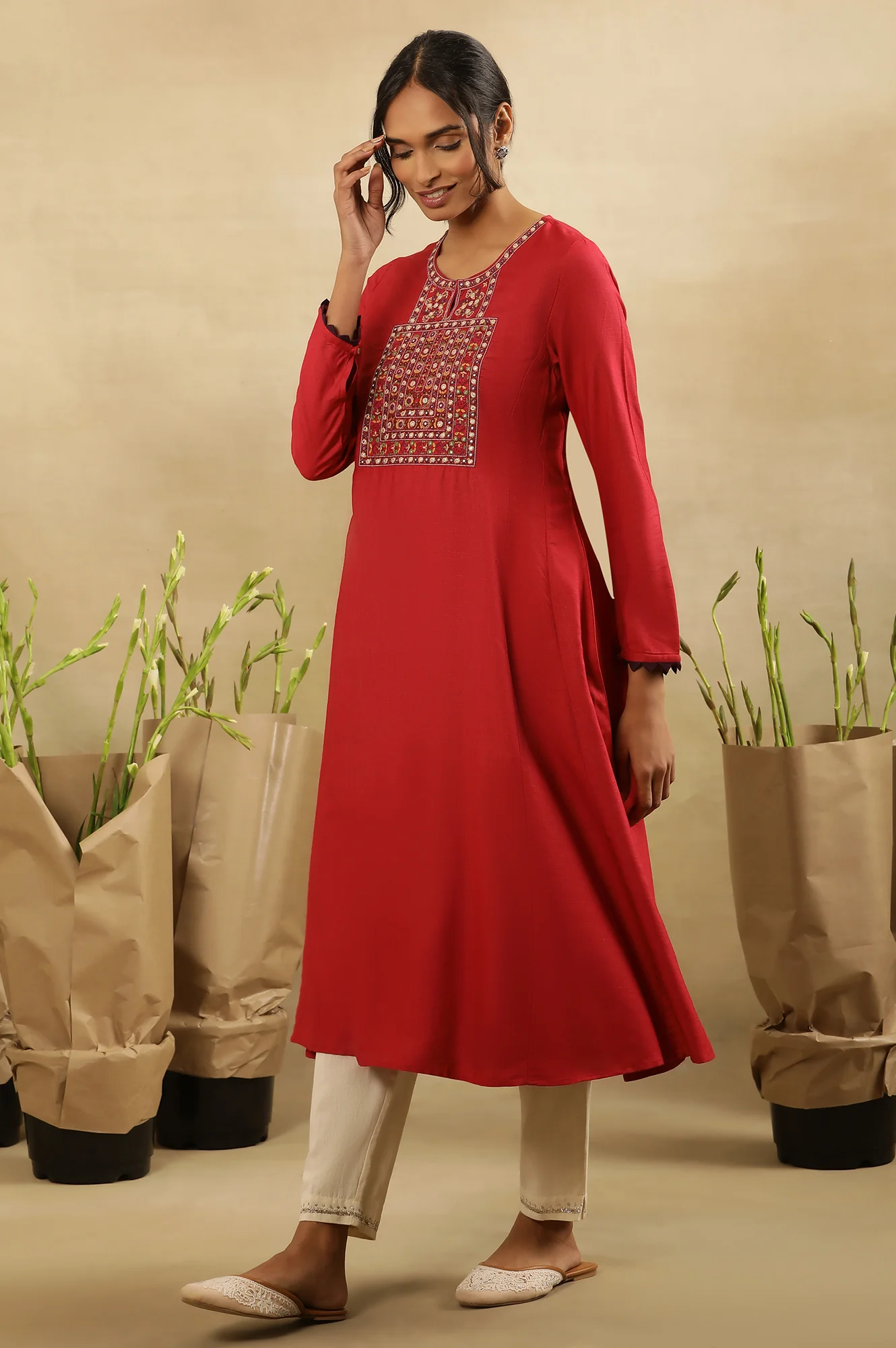 Pink Kutch Embroidery Flared Tussar Kurta - Image 3
