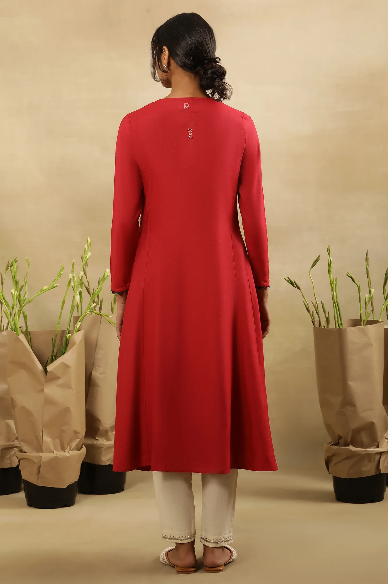 Pink Kutch Embroidery Flared Tussar Kurta - Image 4