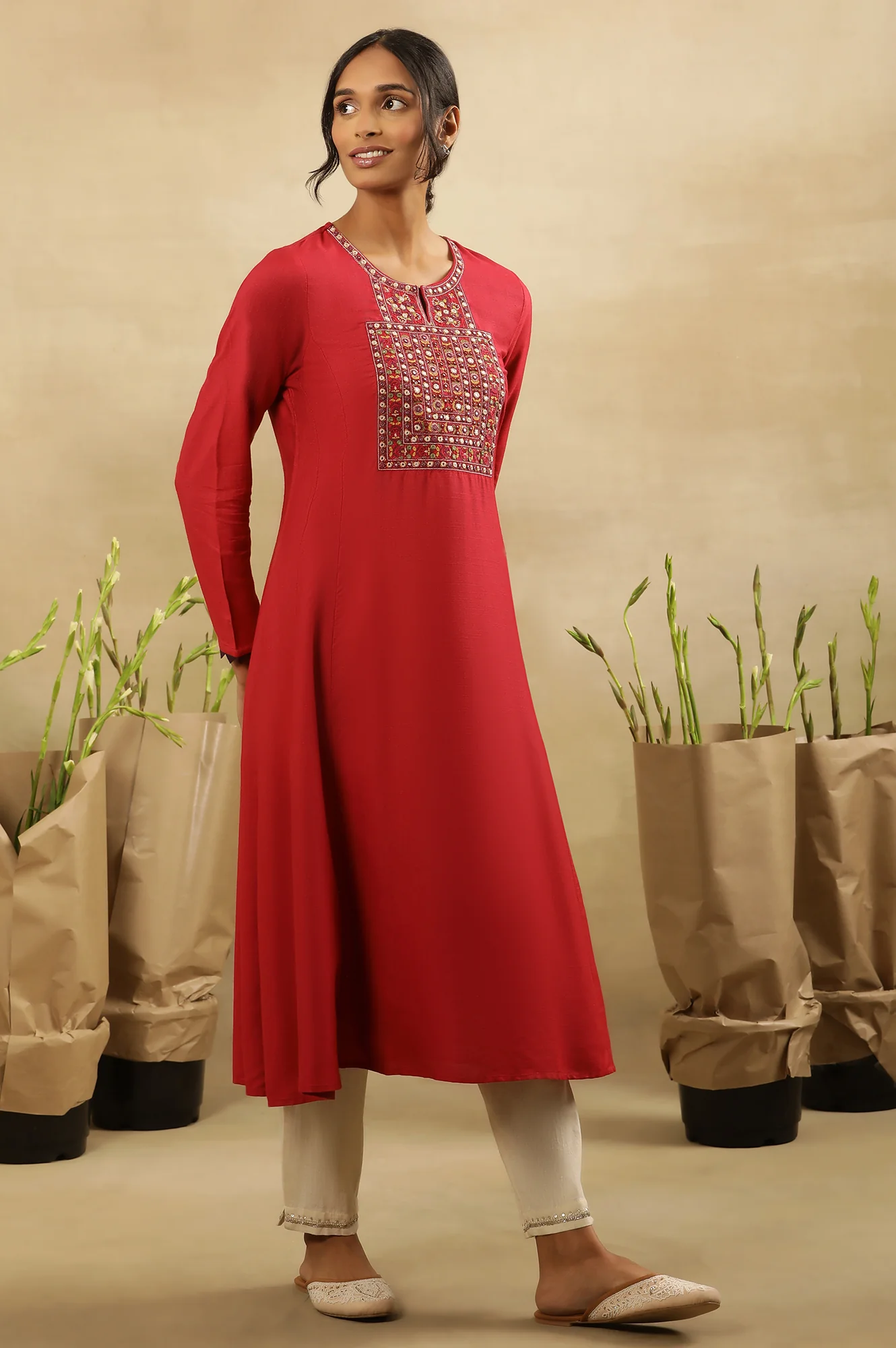 Pink Kutch Embroidery Flared Tussar Kurta - Image 5