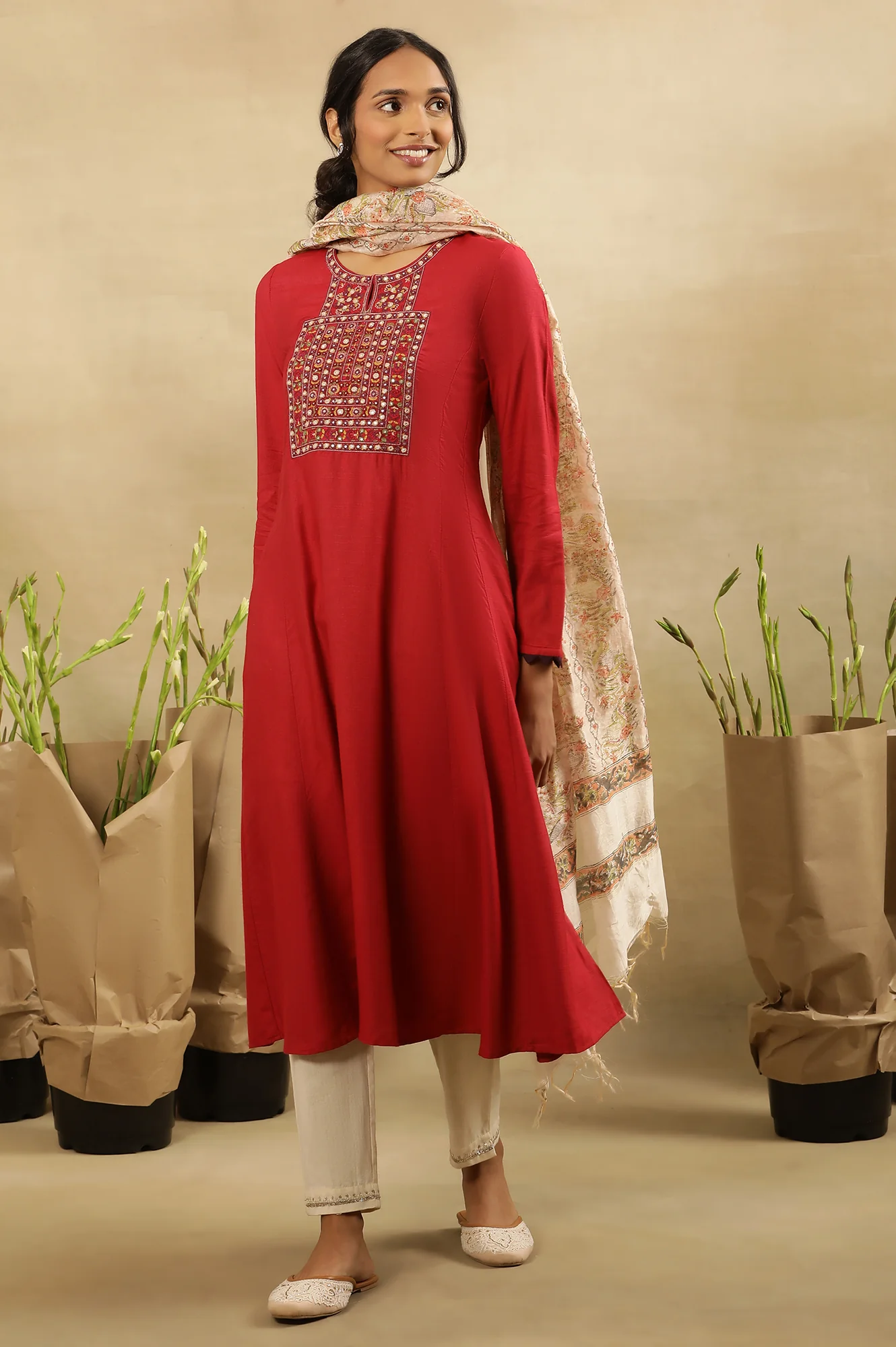 Pink Kutch Embroidery Flared Tussar Kurta - Image 6