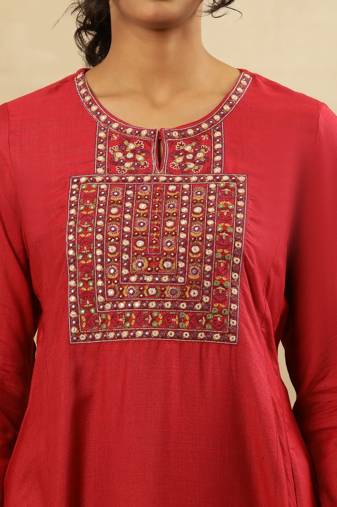 Pink Kutch Embroidery Flared Tussar Kurta - Image 7