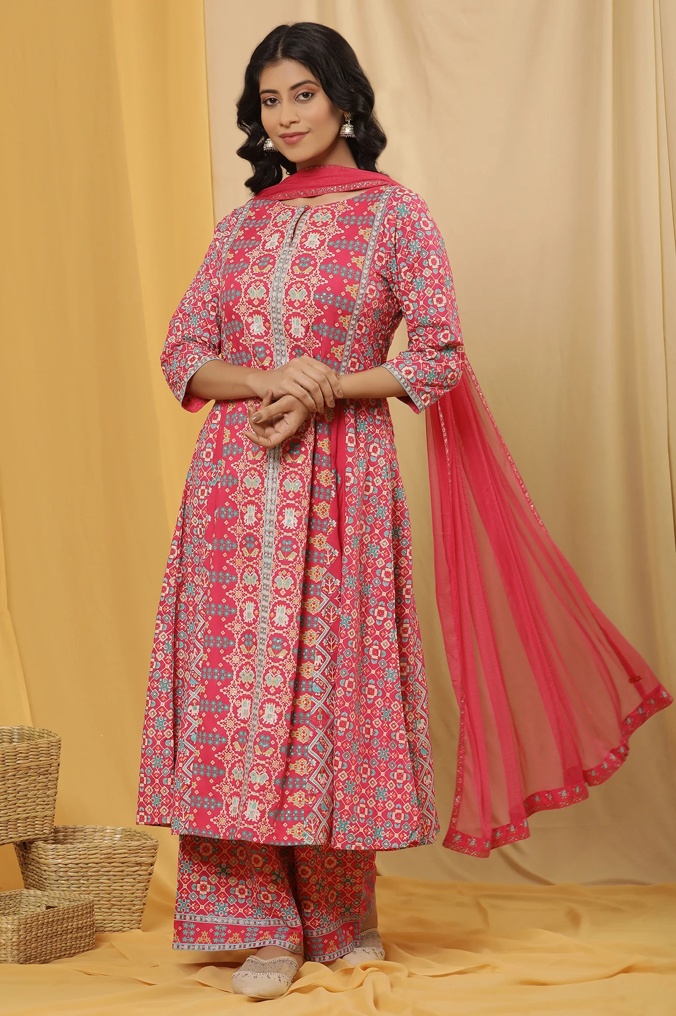 Pink Printed A-Line Kurta, Parallel Pants And Dupatta Set - Image 2