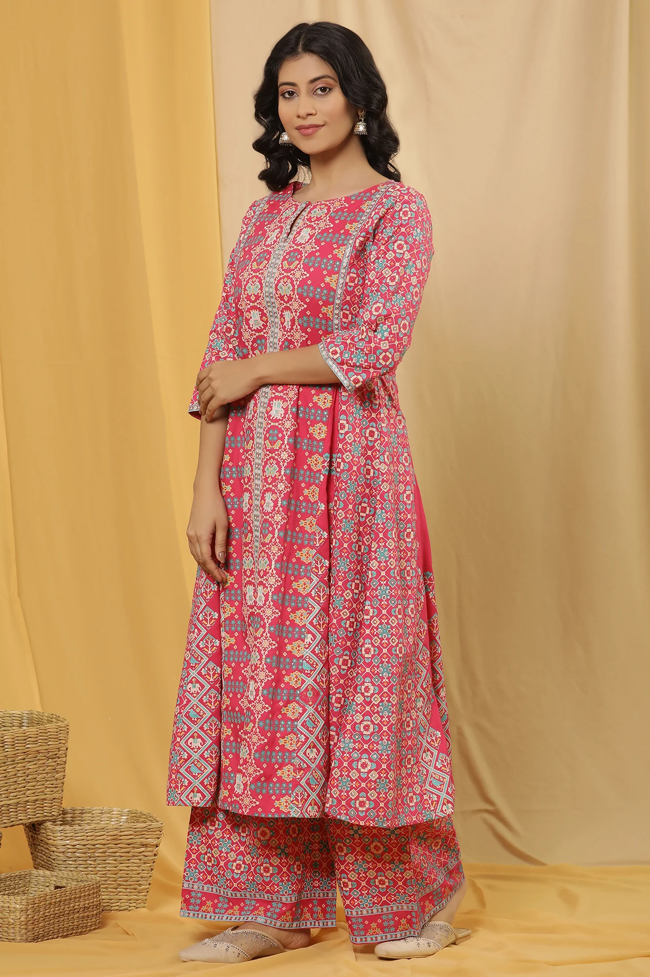 Pink Printed A-Line Kurta, Parallel Pants And Dupatta Set - Image 3