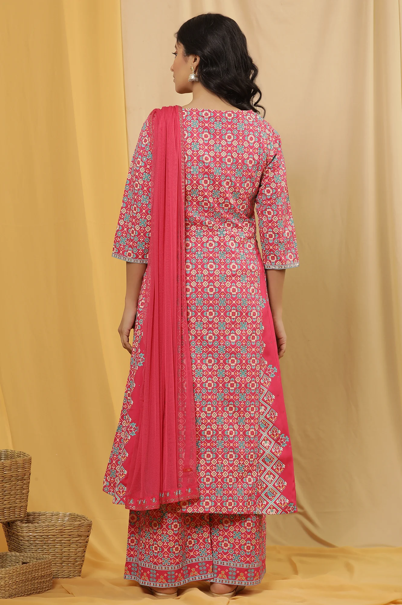 Pink Printed A-Line Kurta, Parallel Pants And Dupatta Set - Image 4