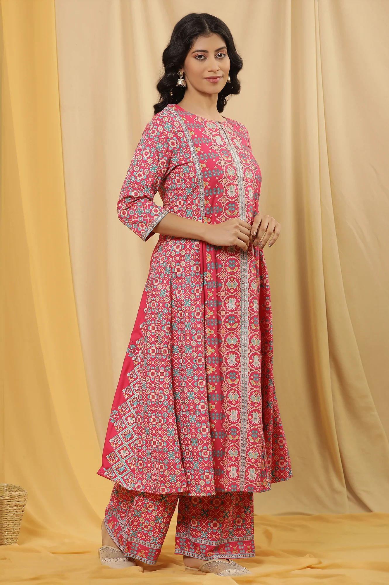 Pink Printed A-Line Kurta, Parallel Pants And Dupatta Set - Image 5