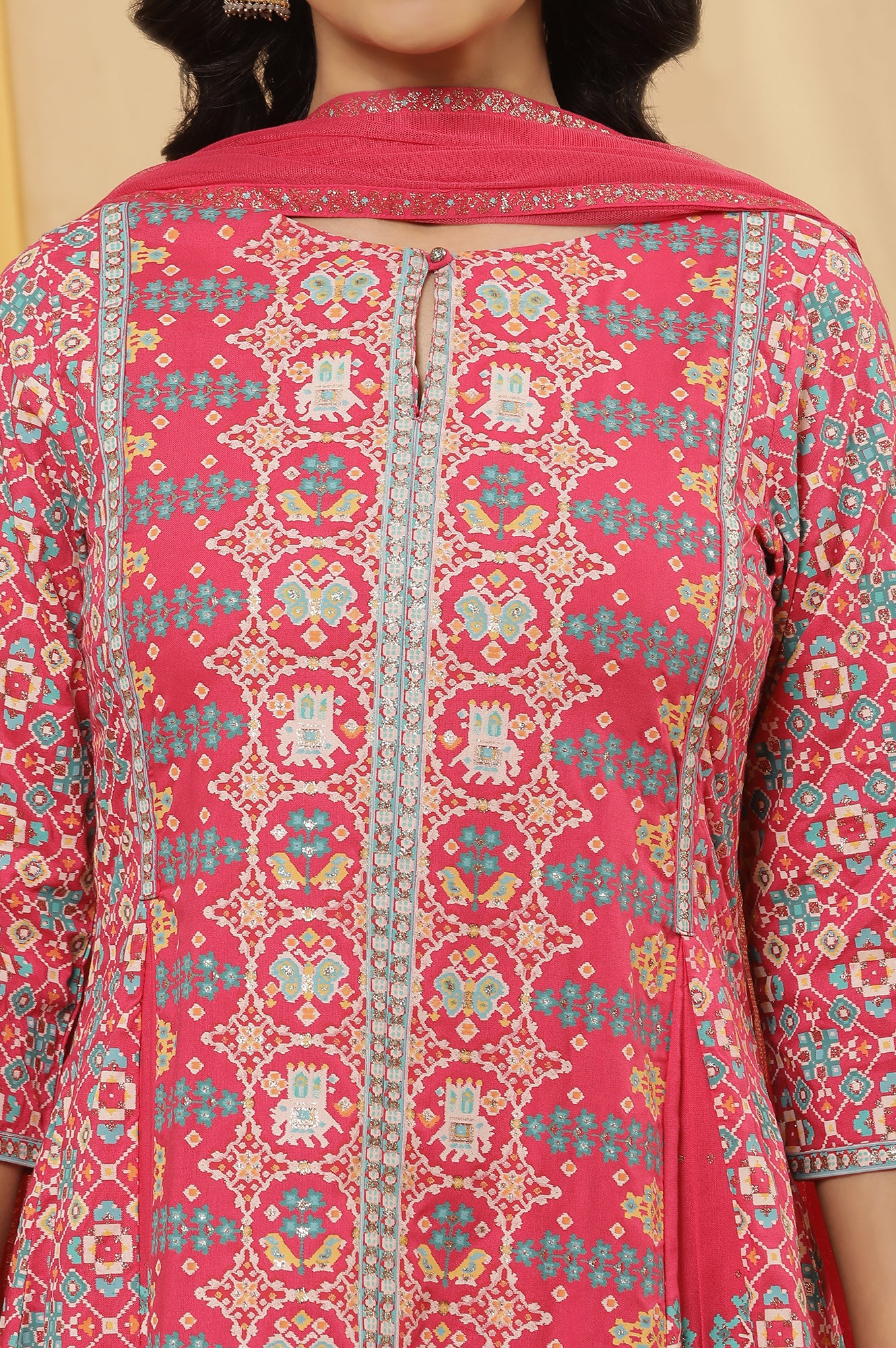 Pink Printed A-Line Kurta, Parallel Pants And Dupatta Set - Image 6