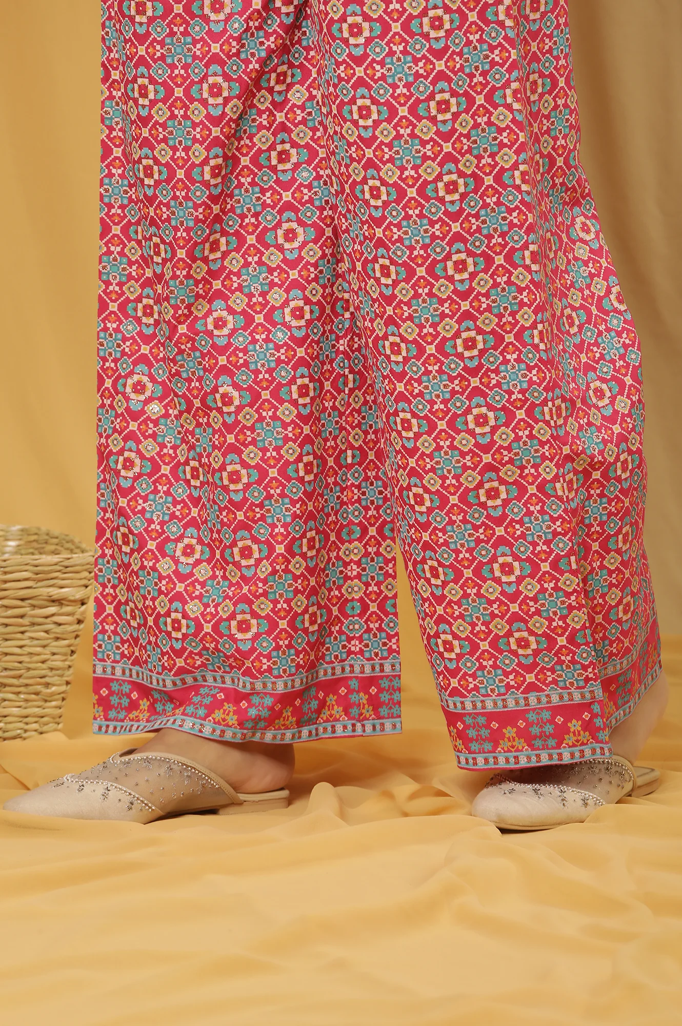Pink Printed A-Line Kurta, Parallel Pants And Dupatta Set - Image 9