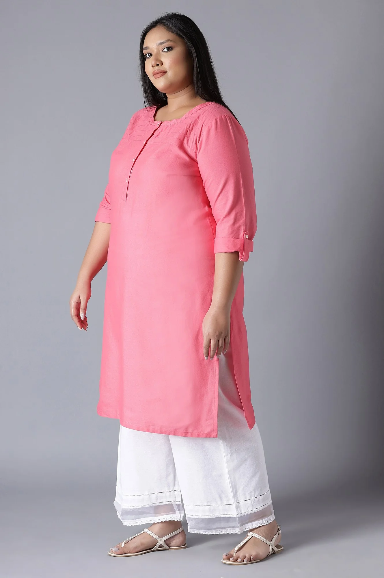 Pink Round Neck Solid kurta - Image 3
