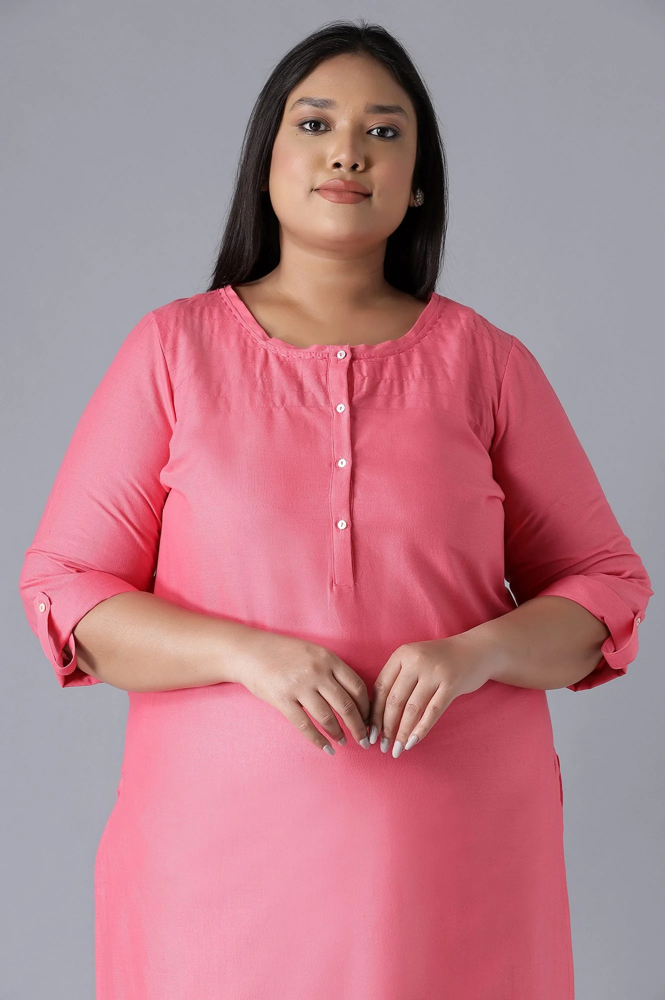 Pink Round Neck Solid kurta - Image 5