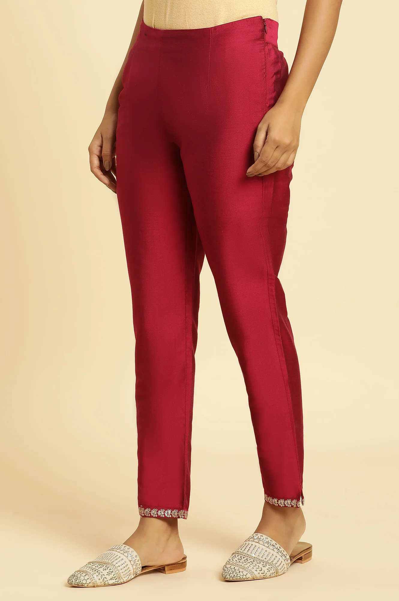 Pink Slim Pants with Embroidered Hemline - Image 2