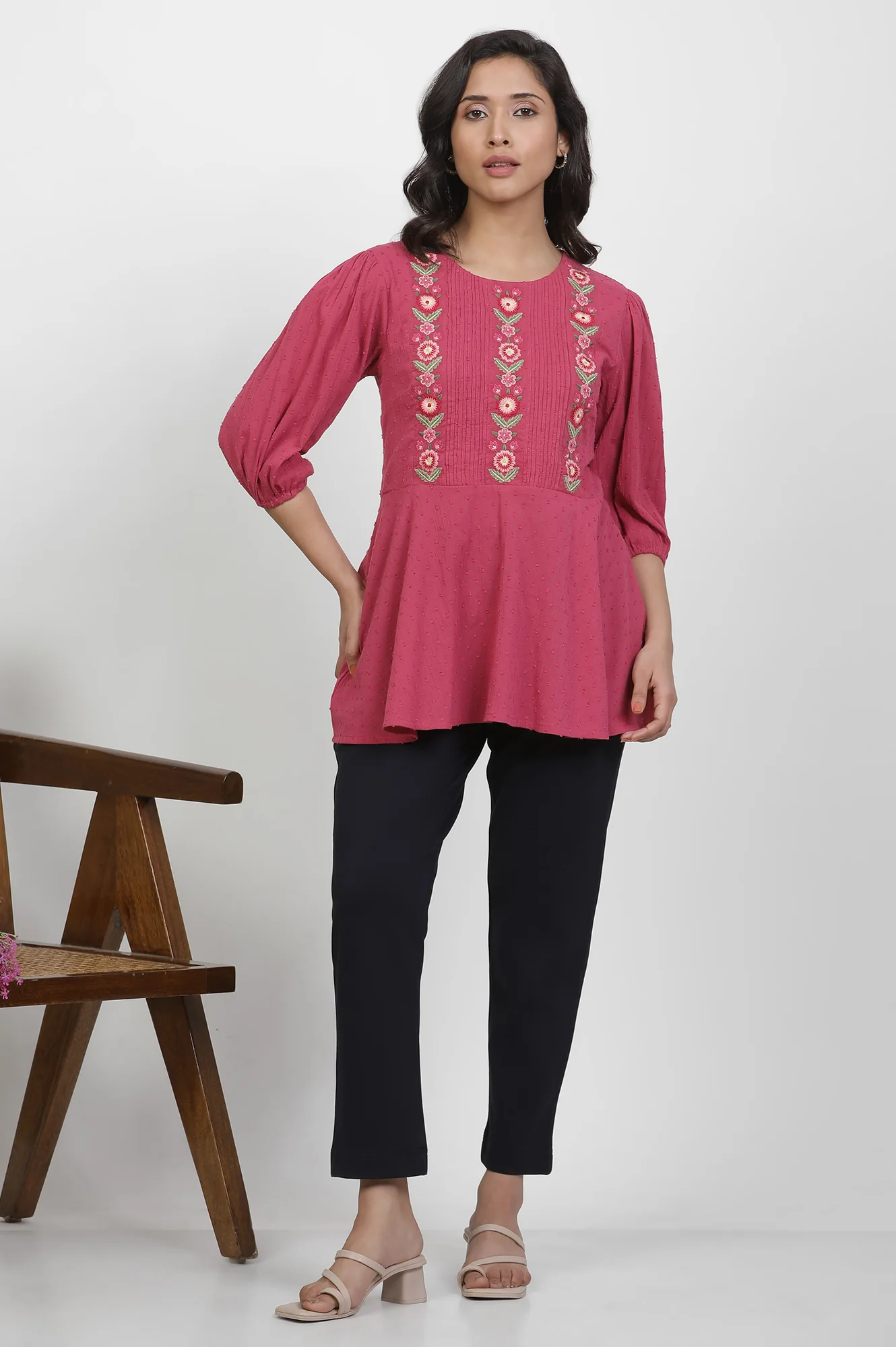 Pink Thread Embroidered Peplum Top - Image 2