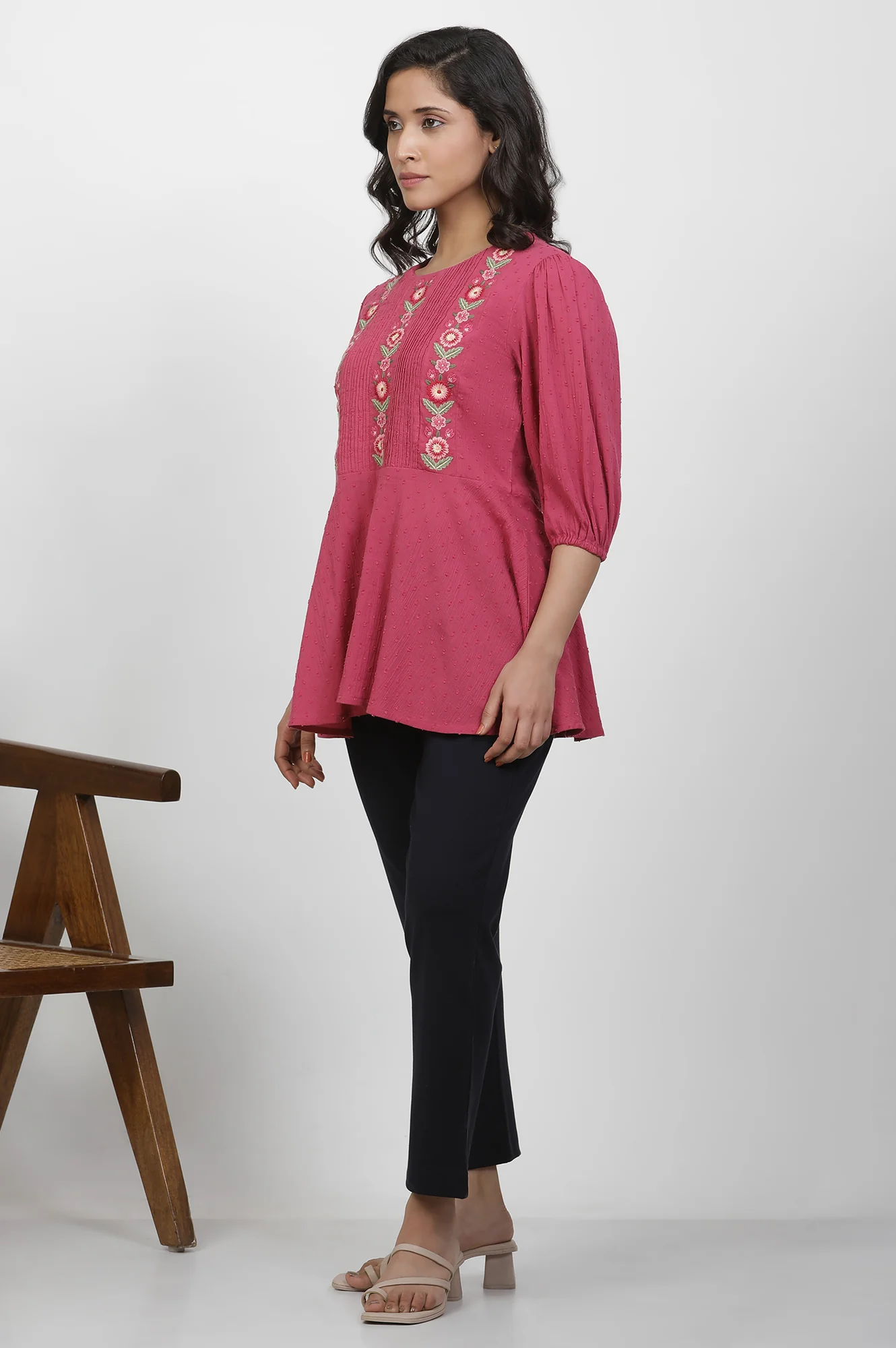 Pink Thread Embroidered Peplum Top - Image 3