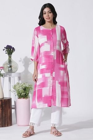 Pink & White Abstract Printed Kurta And Straight Pants Set - Image 2