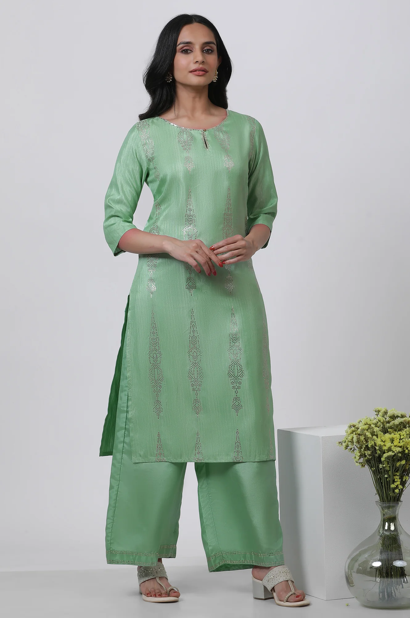 Pistachio Green Mukaish Kurta And Pants Set - Image 5
