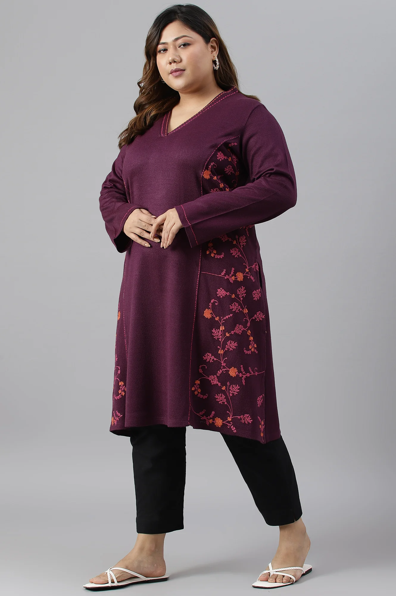 Purple A-Line Embroidered Plus Size Winter kurta - Image 4