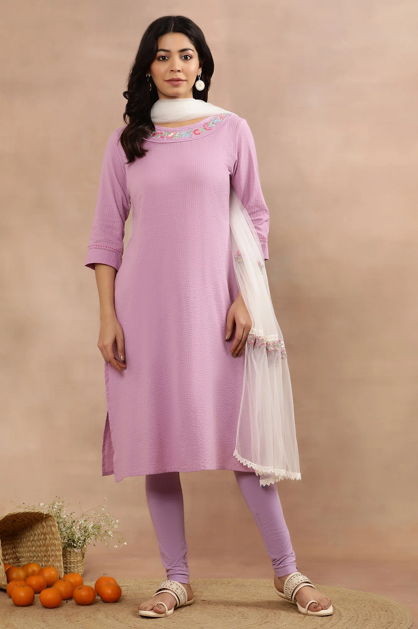 Purple Cotton Embroidered Kurta, Tights And Mesh Dupatta - Image 2