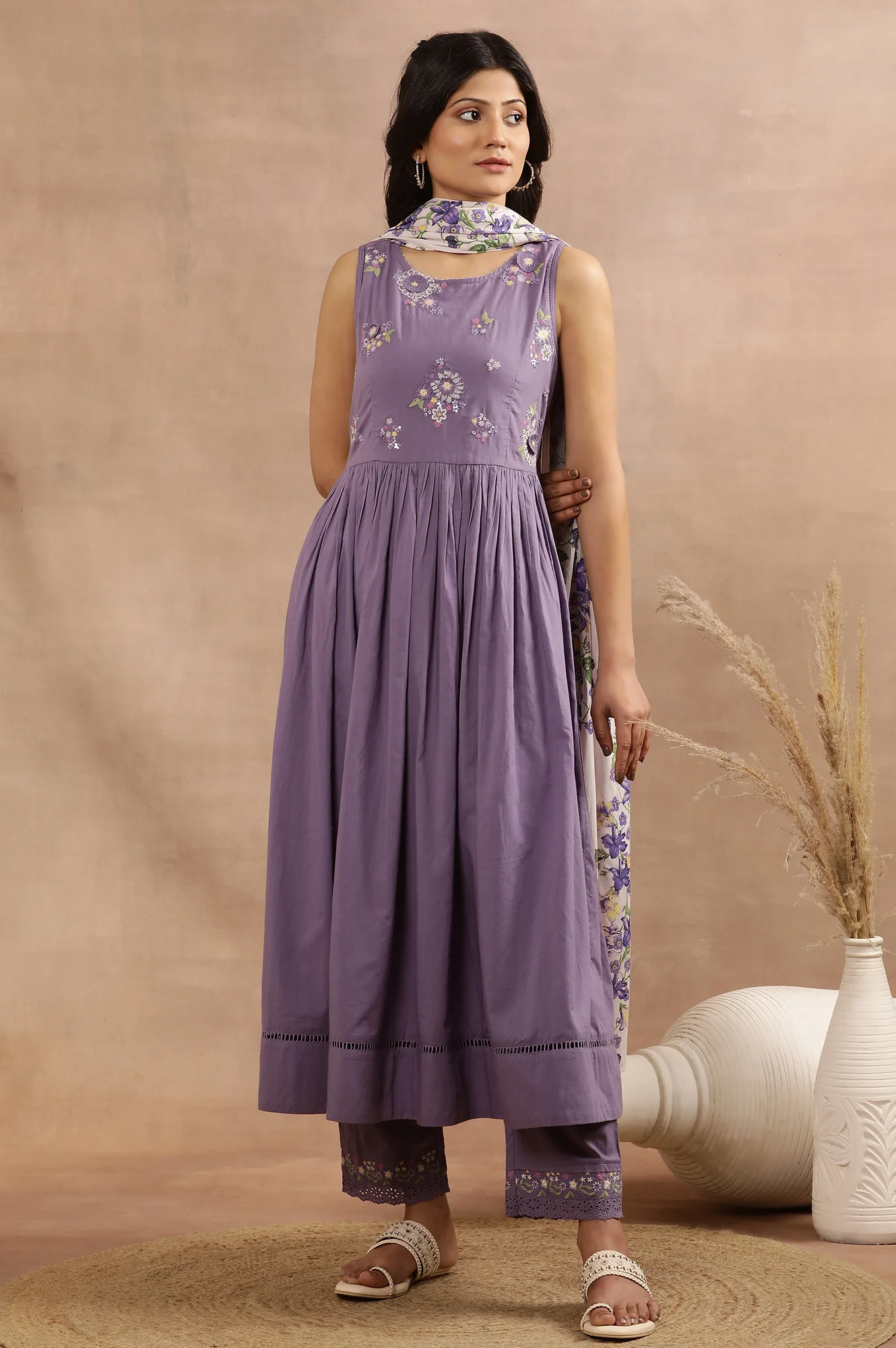 Purple Embroidered A-Line Kurta, Pants And Printed Dupatta Set - Image 2
