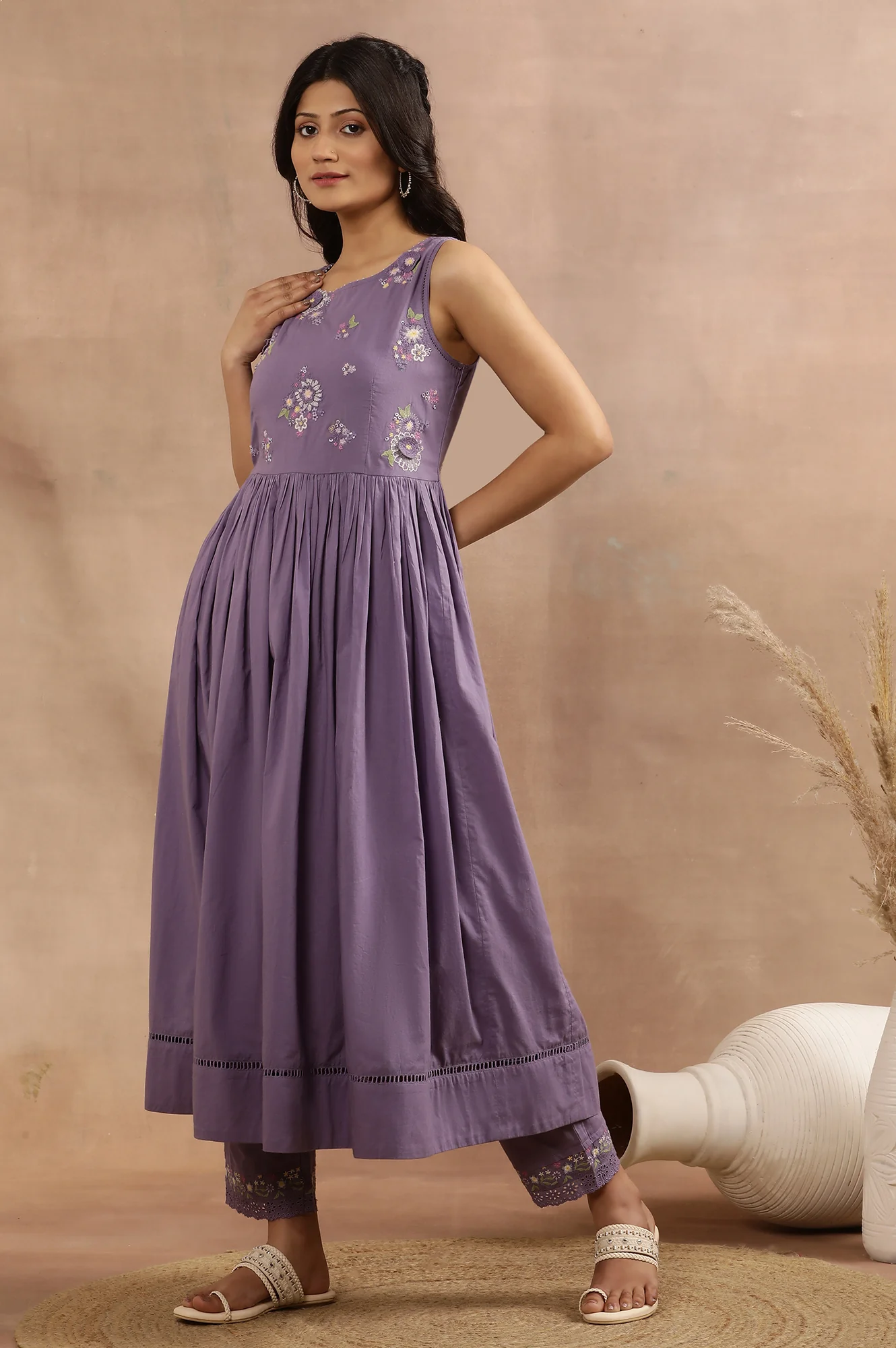 Purple Embroidered A-Line Kurta, Pants And Printed Dupatta Set - Image 3