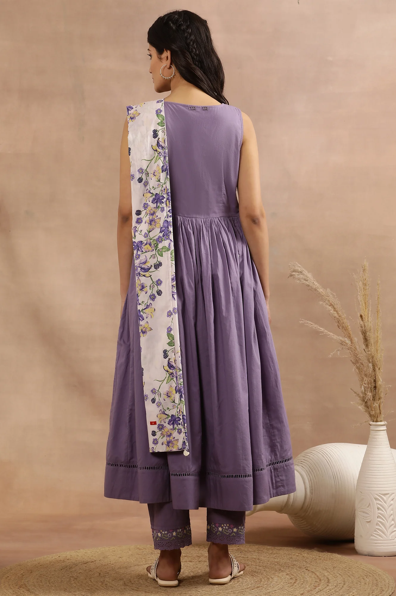 Purple Embroidered A-Line Kurta, Pants And Printed Dupatta Set - Image 4