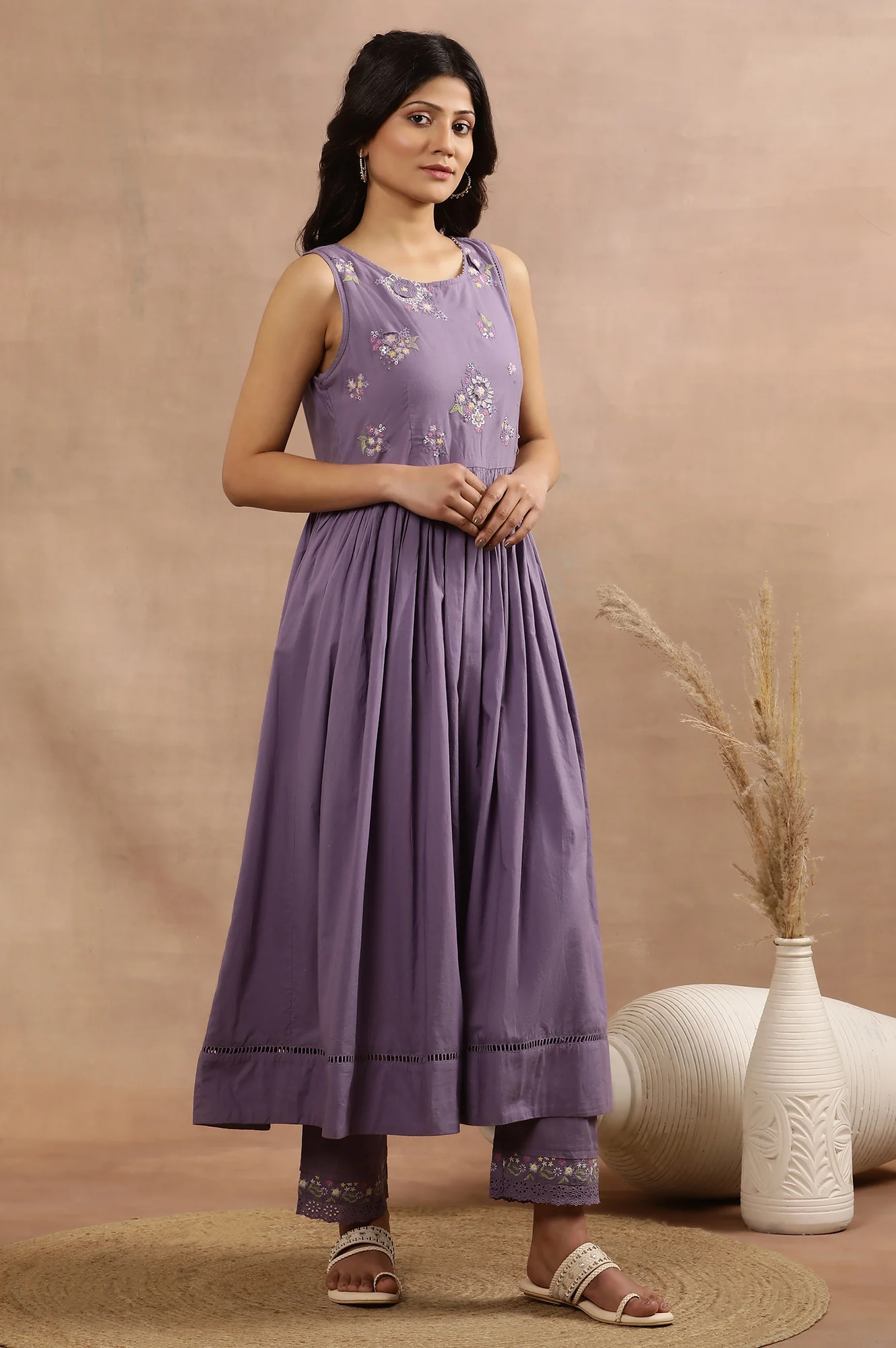 Purple Embroidered A-Line Kurta, Pants And Printed Dupatta Set - Image 5