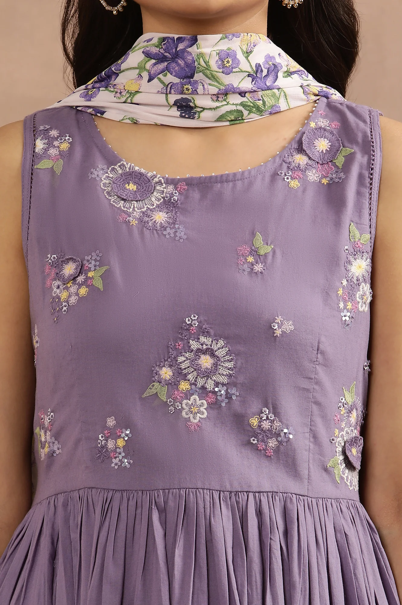 Purple Embroidered A-Line Kurta, Pants And Printed Dupatta Set - Image 6