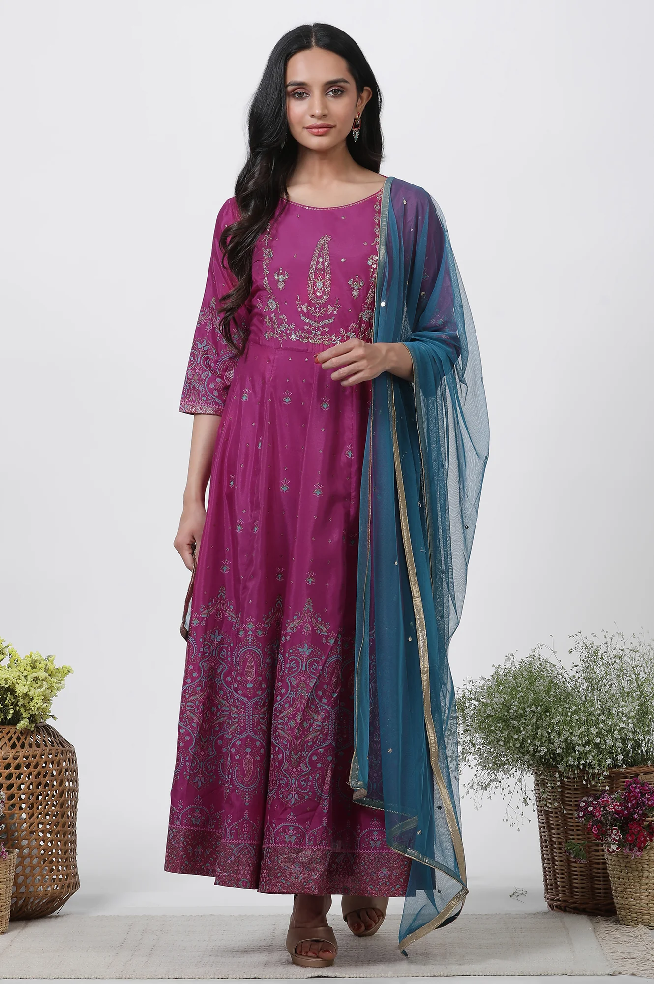Purple Embroidered Flared Dress And Dupatta Set - Image 2