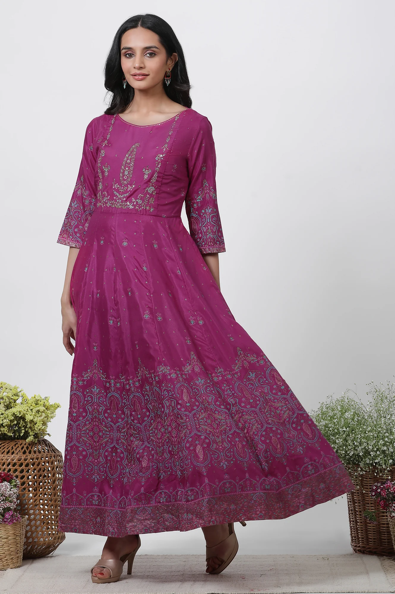 Purple Embroidered Flared Dress And Dupatta Set - Image 3