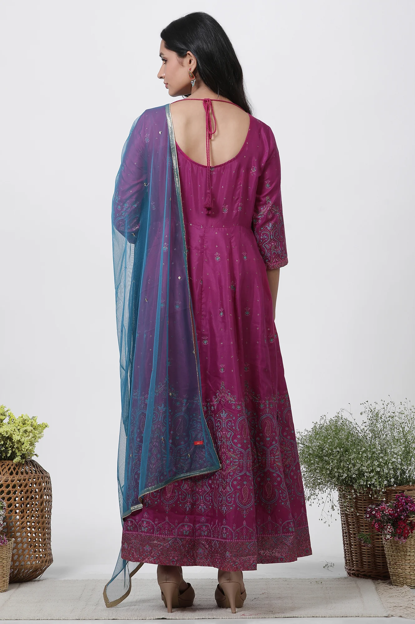 Purple Embroidered Flared Dress And Dupatta Set - Image 4