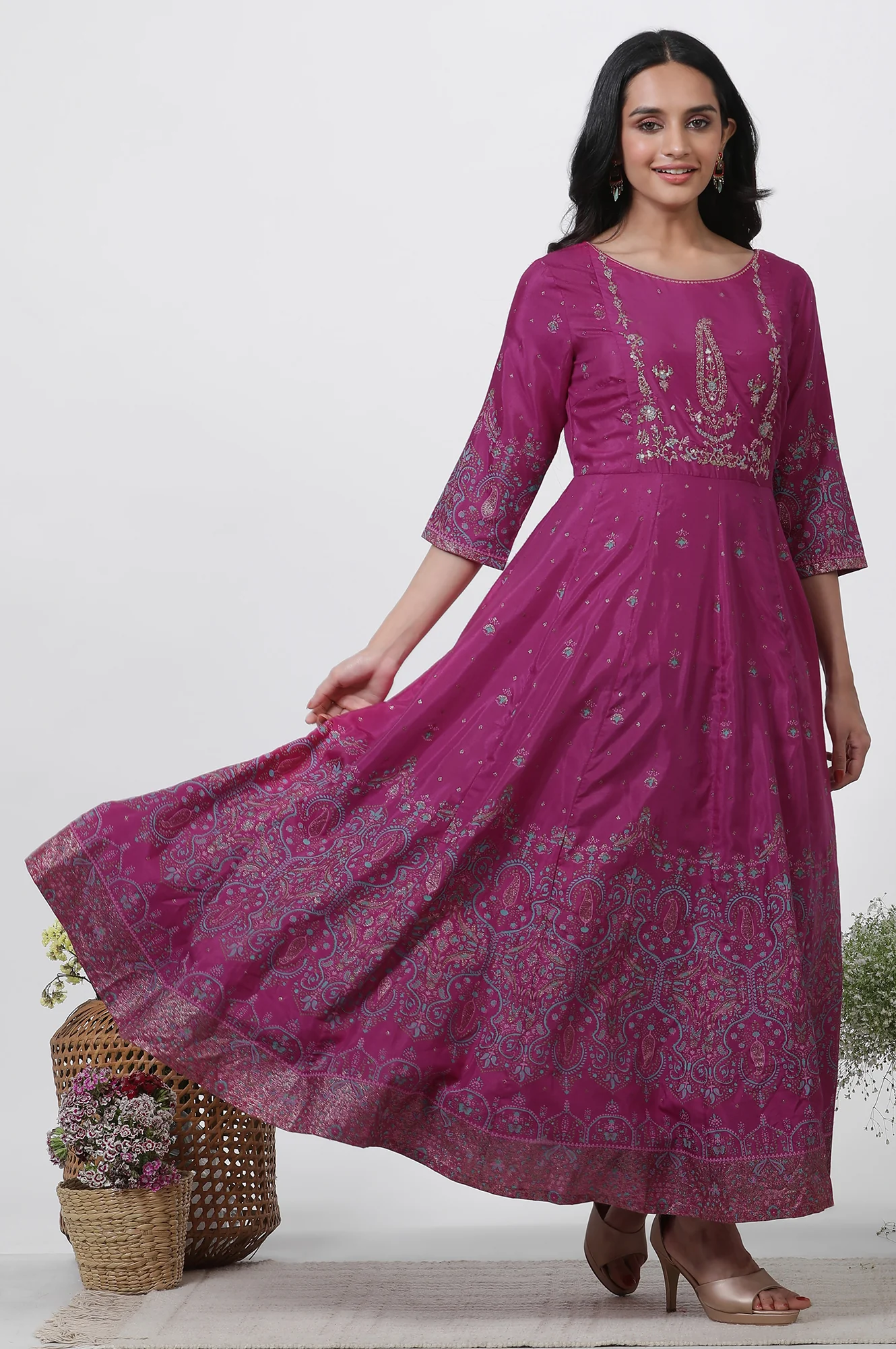 Purple Embroidered Flared Dress And Dupatta Set - Image 5