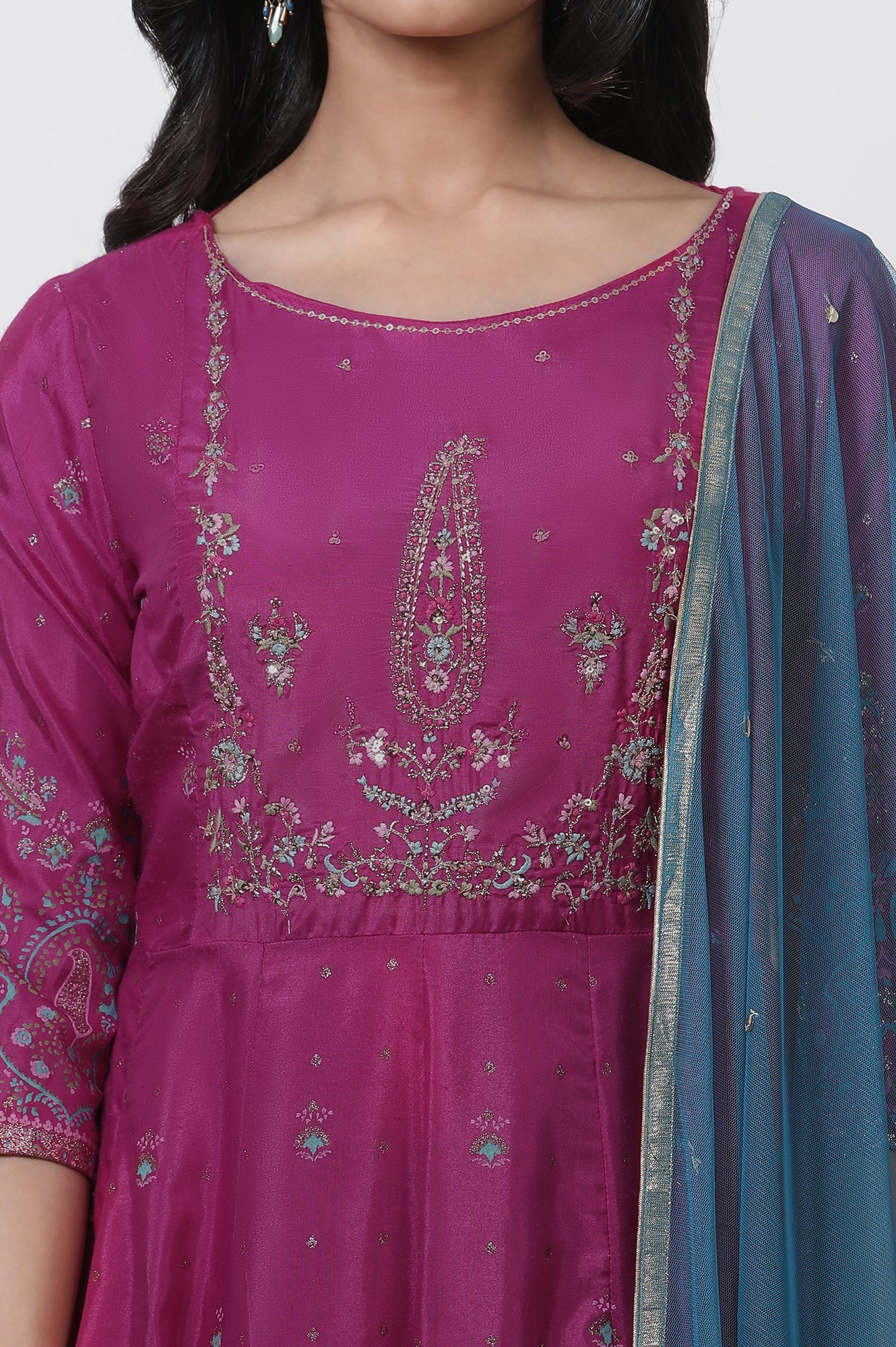 Purple Embroidered Flared Dress And Dupatta Set - Image 6