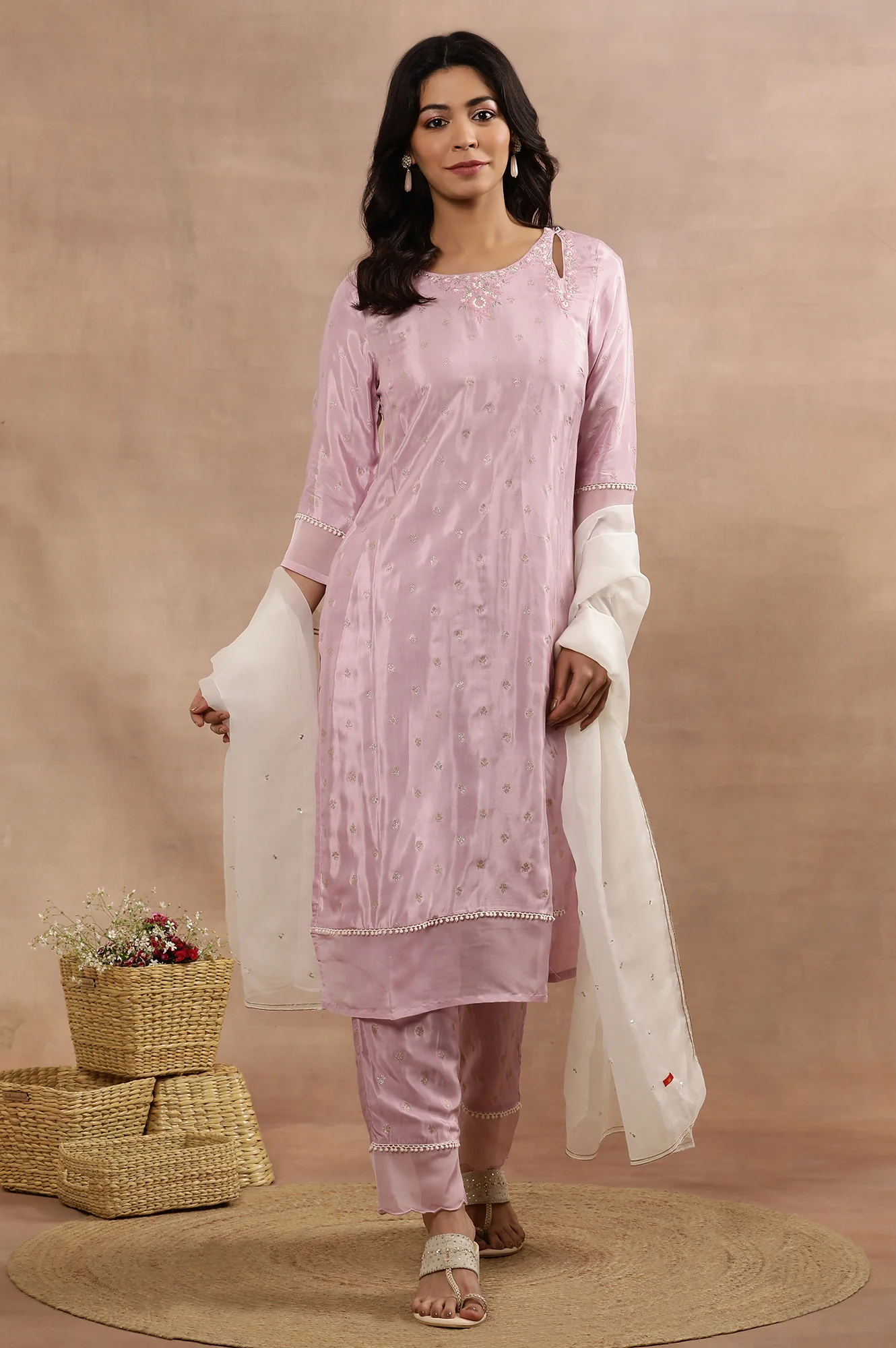 Purple Embroidered Kurta, Pants And Dupatta Set - Image 2
