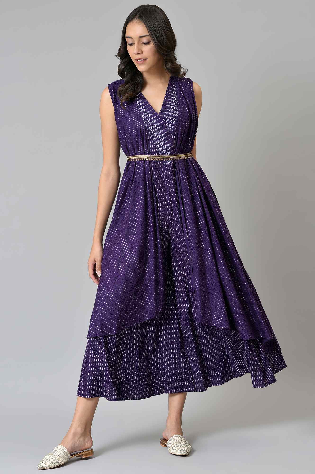 Purple Gillet Jumpsuit With Embellished Belt - Image 5