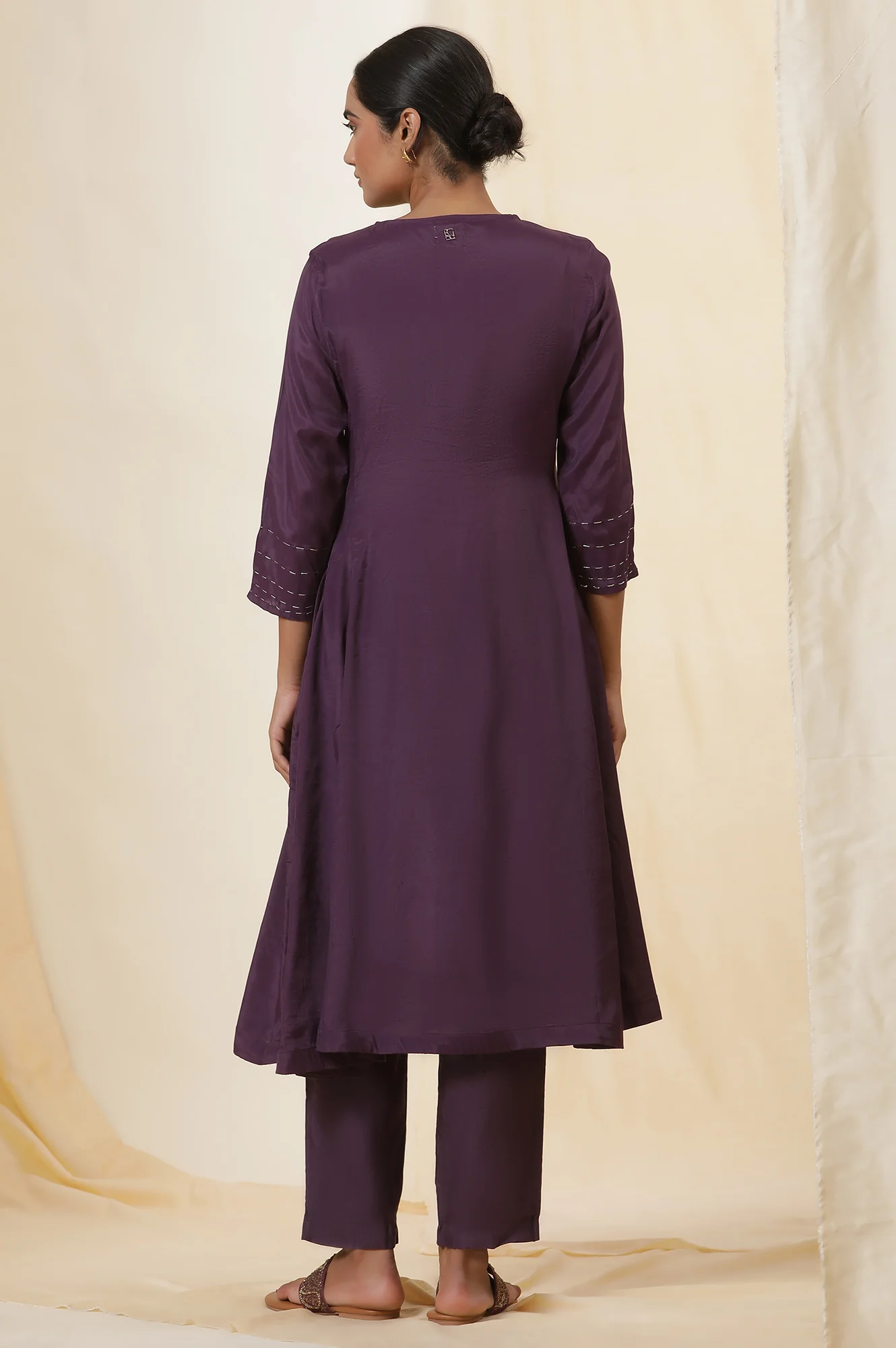 Purple Jacquard Yoke Flared Kurta With Neck Tie-Up - Image 4