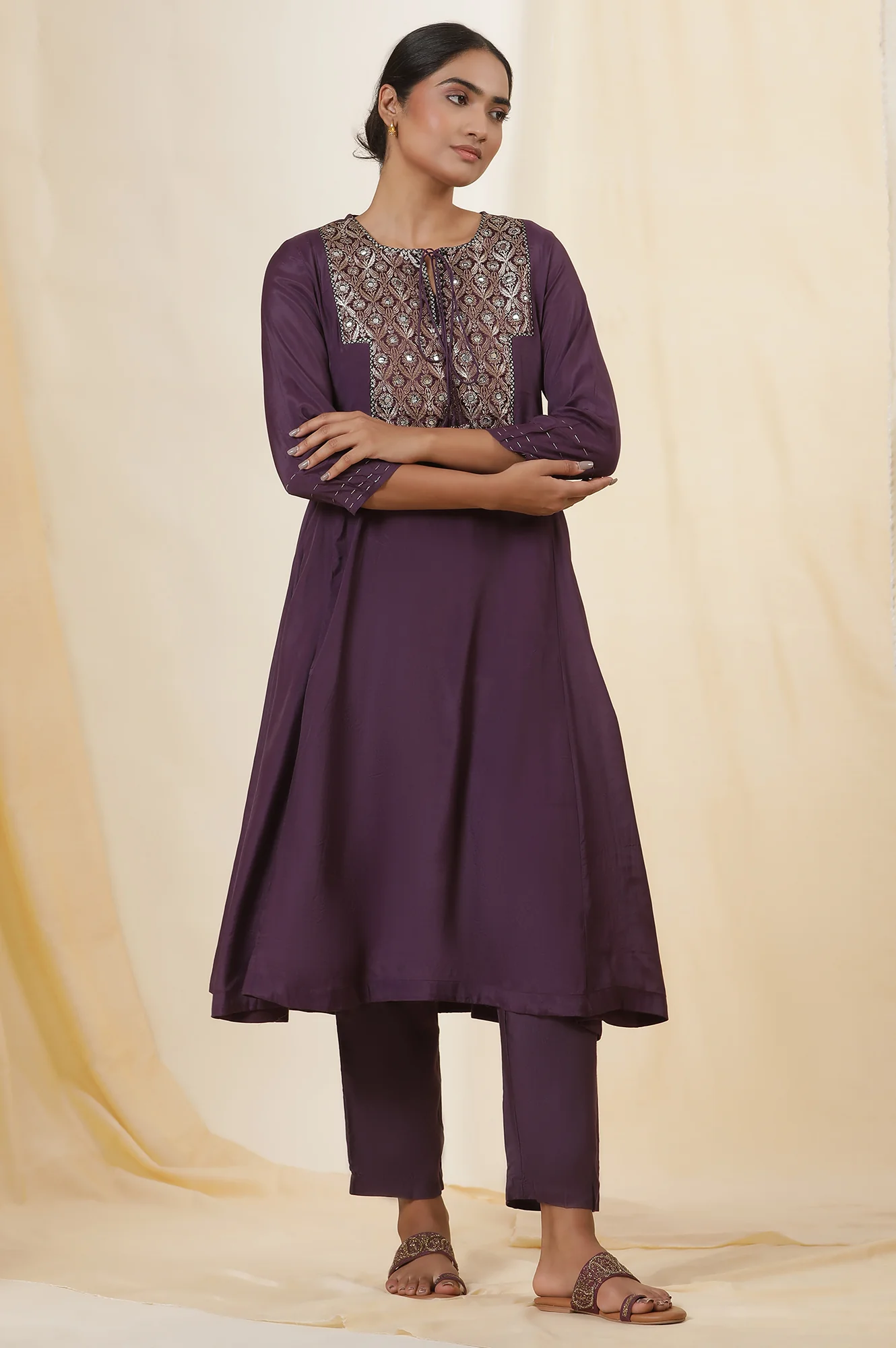 Purple Jacquard Yoke Flared Kurta With Neck Tie-Up - Image 5
