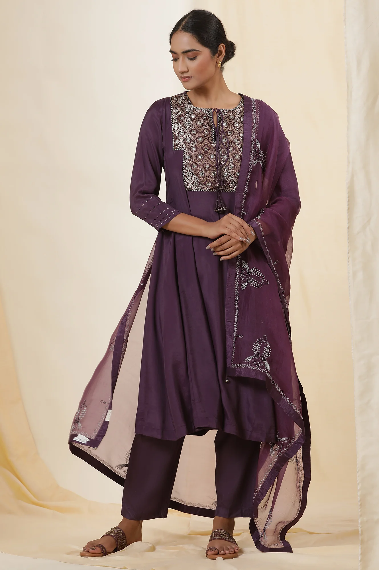 Purple Jacquard Yoke Flared Kurta With Neck Tie-Up - Image 6