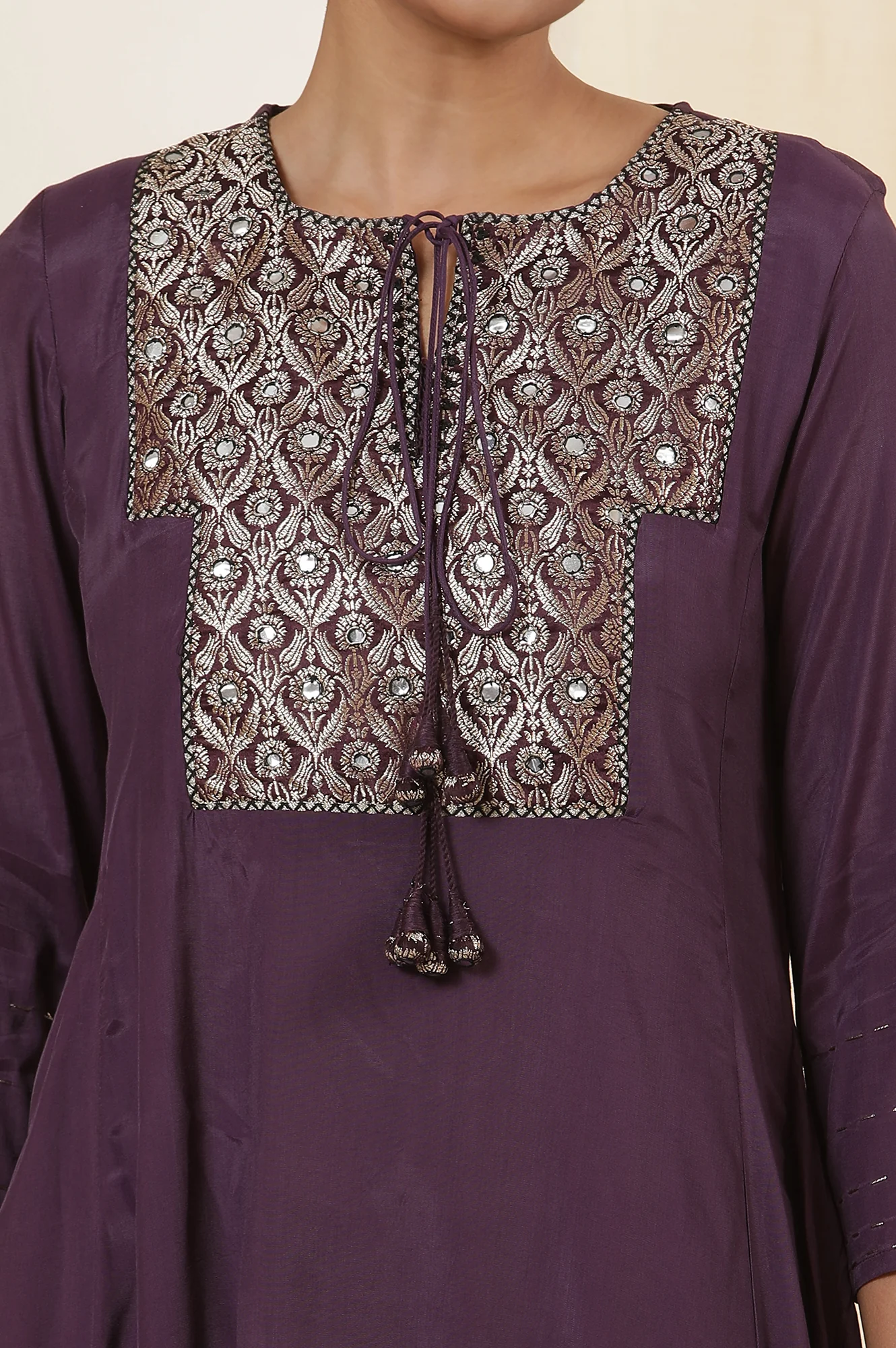 Purple Jacquard Yoke Flared Kurta With Neck Tie-Up - Image 7