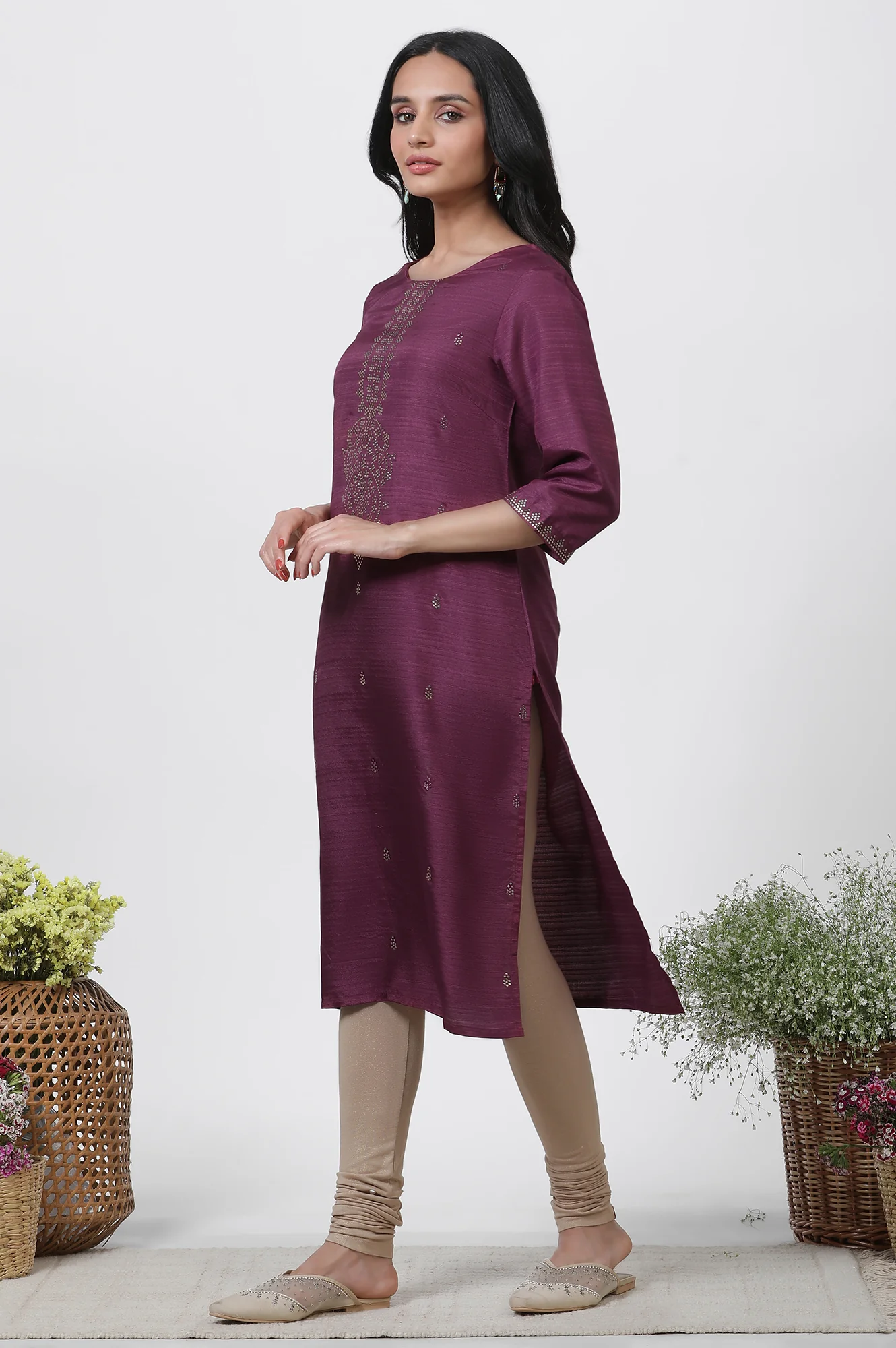 Purple Karnatka Silk Mukaish Kurta, Churidar And Dupatta Set - Image 3