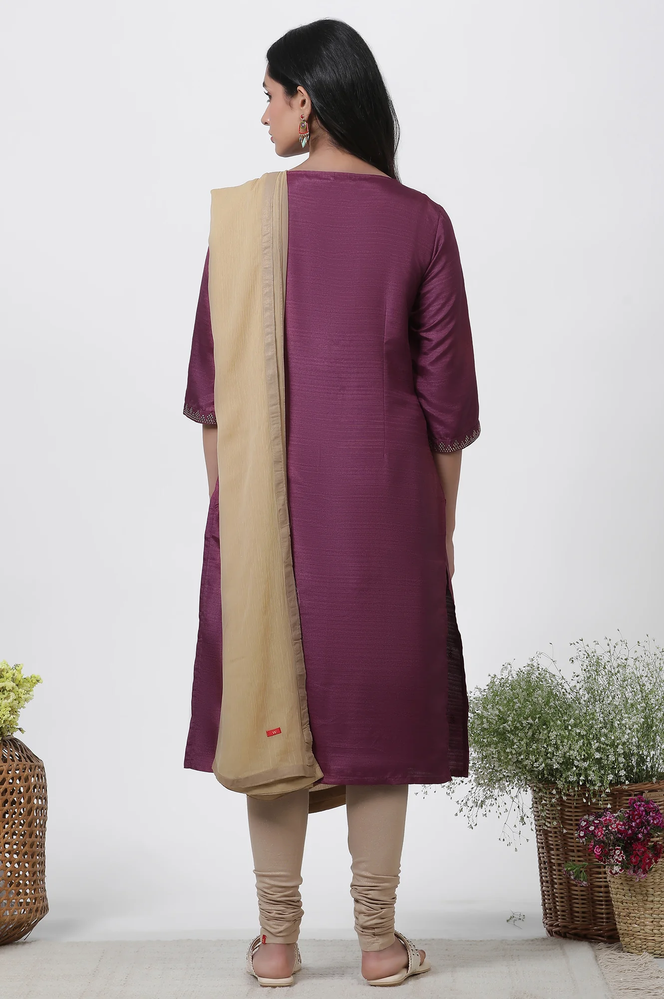 Purple Karnatka Silk Mukaish Kurta, Churidar And Dupatta Set - Image 4