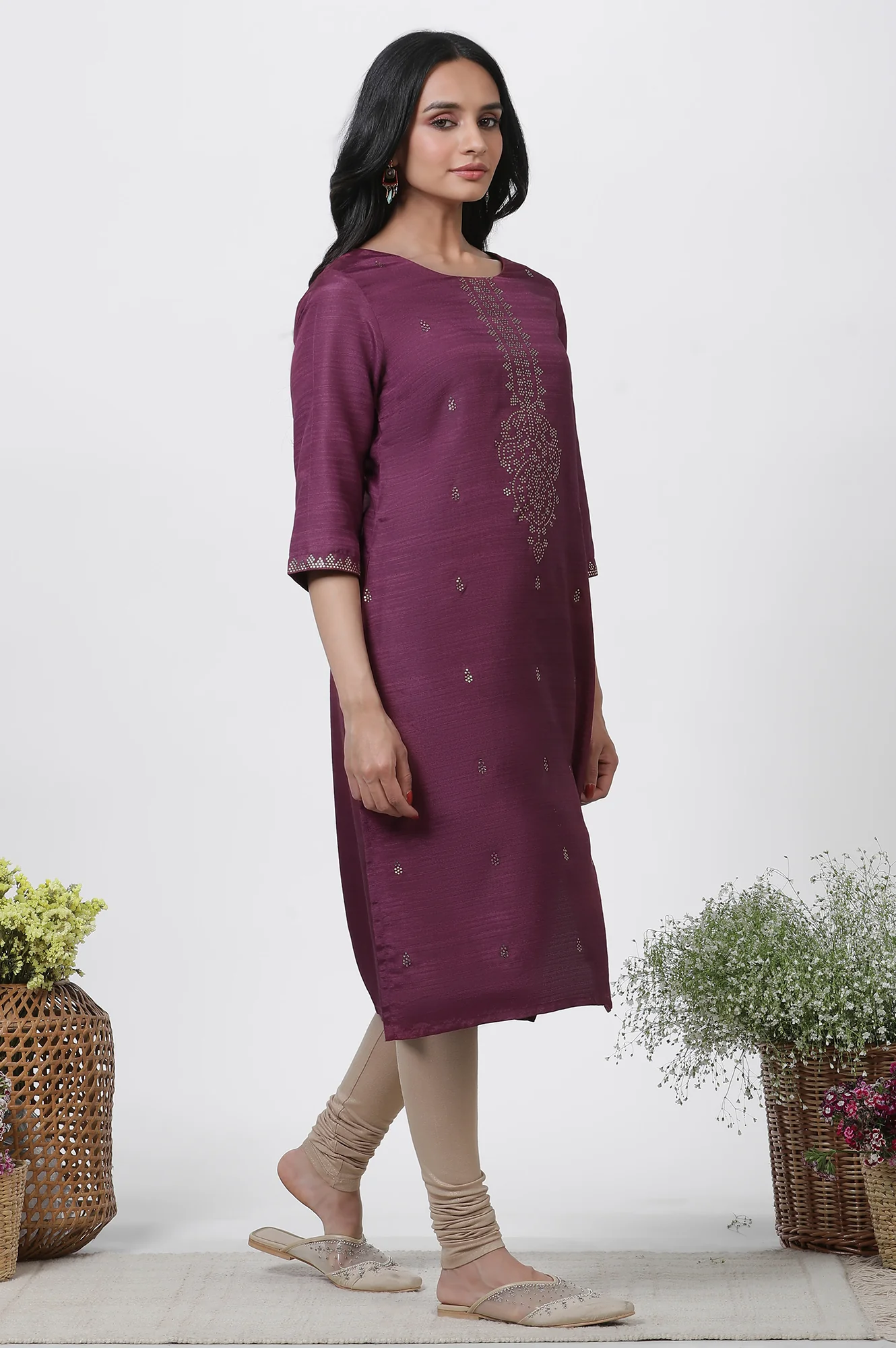 Purple Karnatka Silk Mukaish Kurta, Churidar And Dupatta Set - Image 5