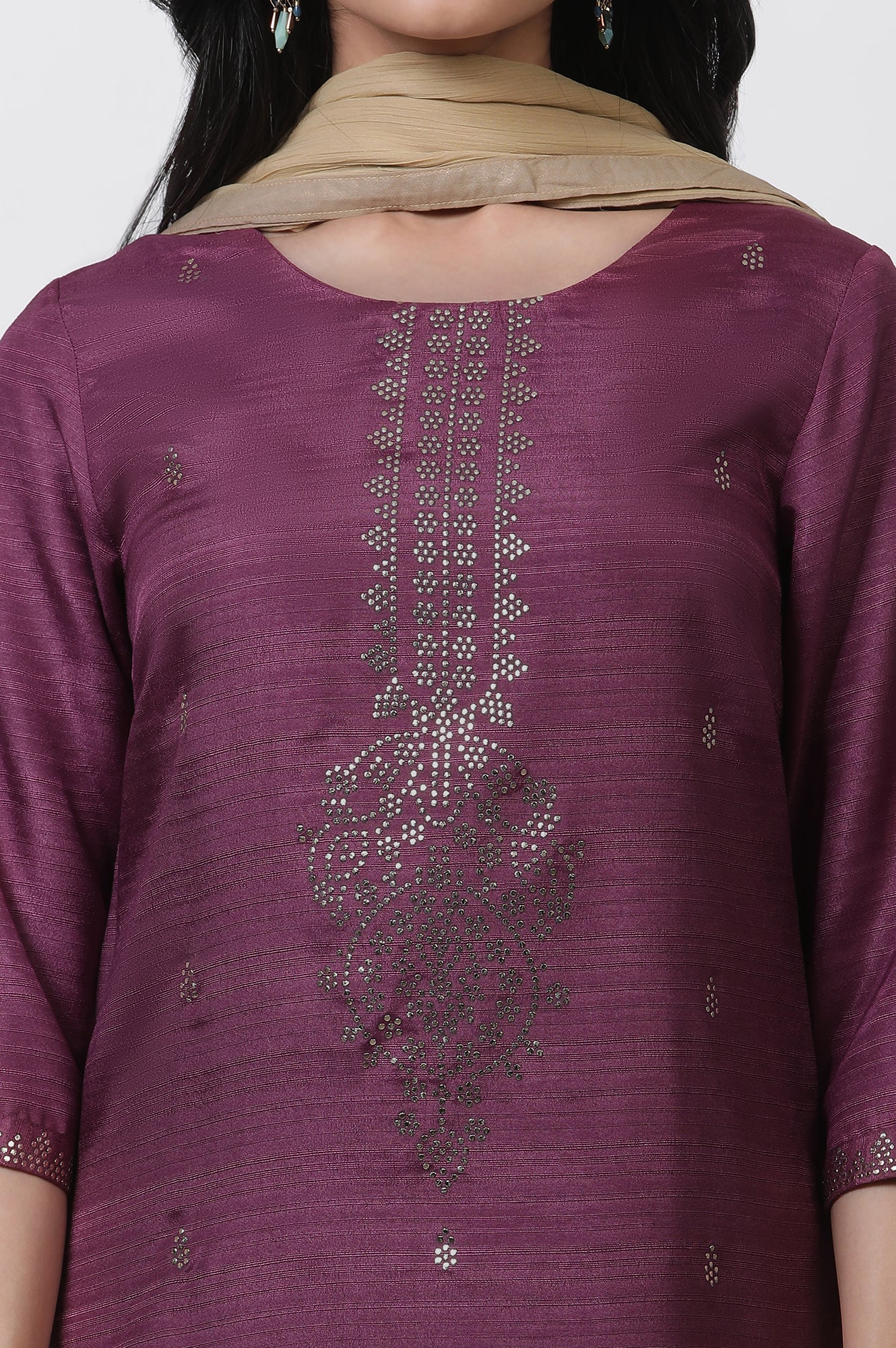 Purple Karnatka Silk Mukaish Kurta, Churidar And Dupatta Set - Image 6