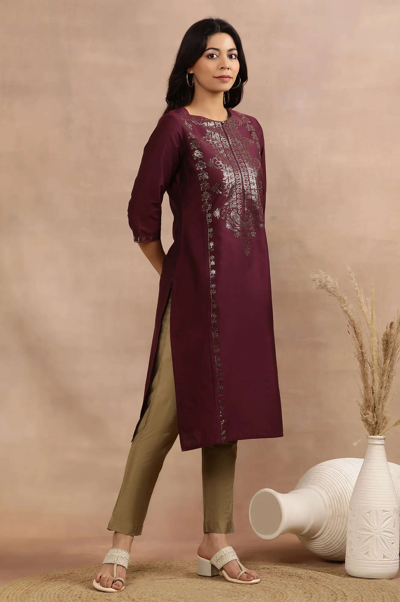 Purple Mukaish Printed Kurta And Pants Set - Image 5