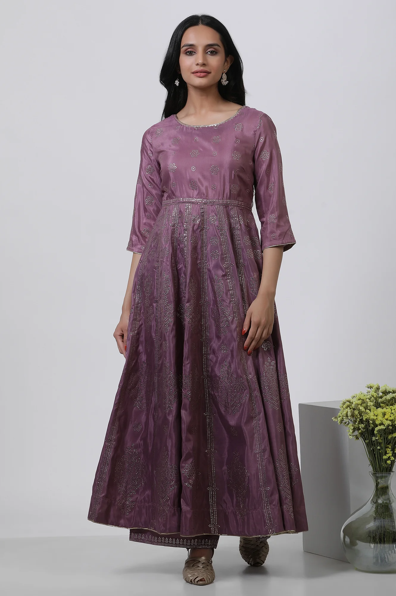 Purple Panelled Kalidar Dress And Pants Set - Image 2